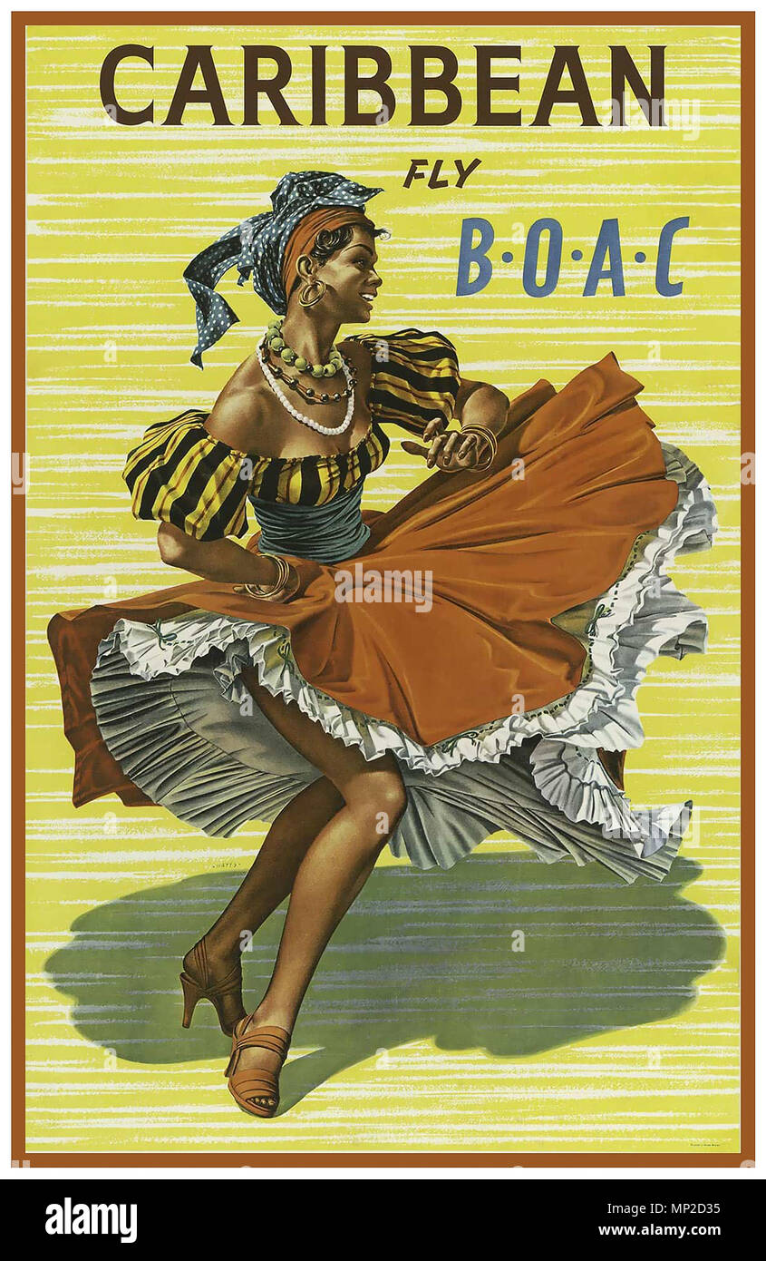 Vintage des années 60 pour l'affiche de la compagnie BOAC Caraïbes 'fly' avec BOAC danseuse coloré en humeur de fête typiquement antillais Banque D'Images