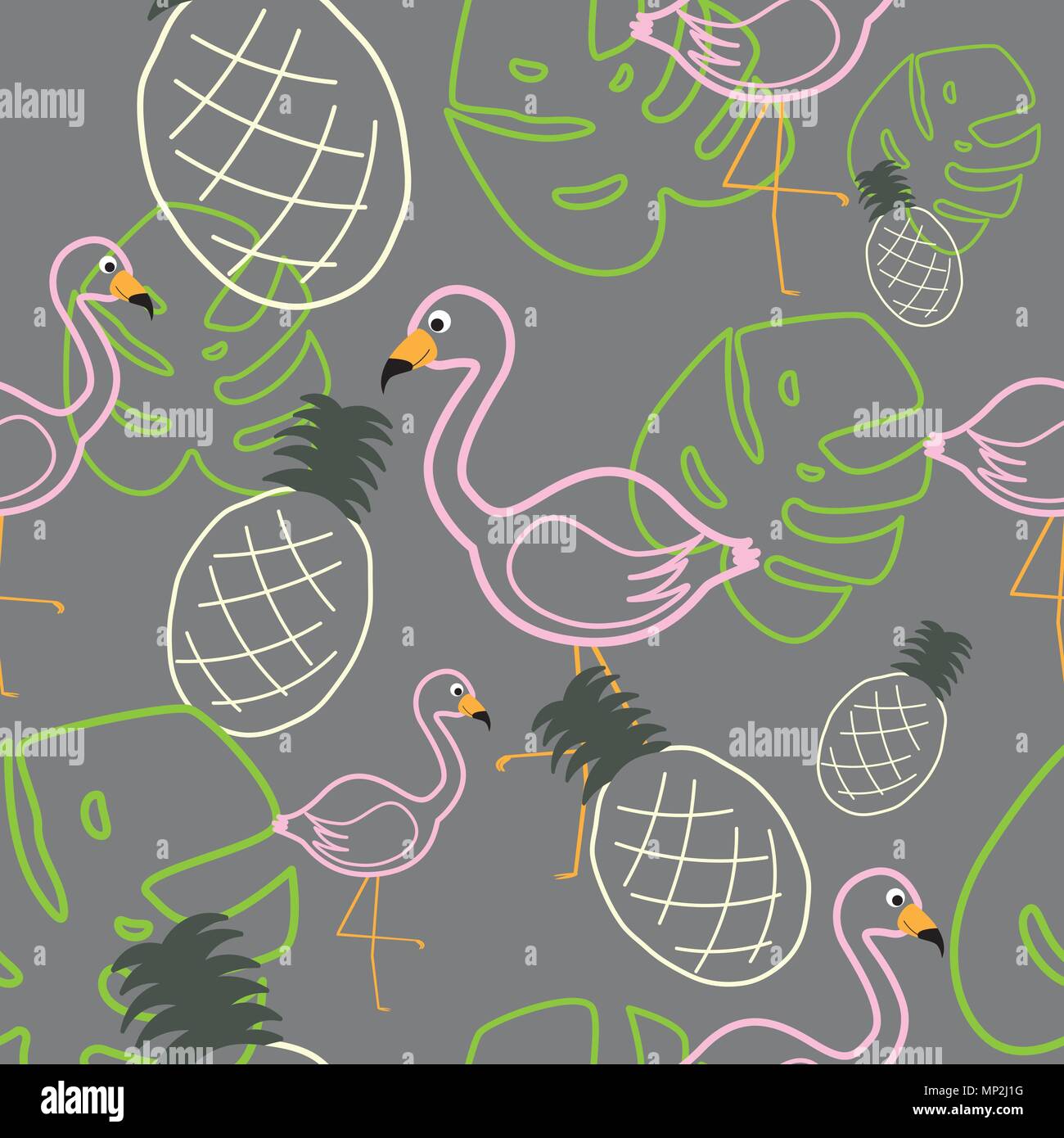 Feuilles et fruits tropicaux avec une impression de fond transparente oiseaux flamingo pour le design textile. Illustration de Vecteur