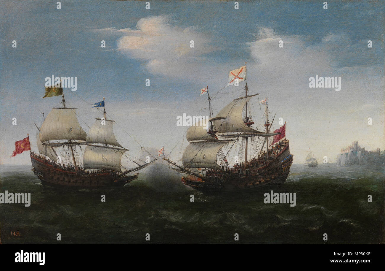 P02159A01NF 2009 Español : Combate naval frente a una costa rocosa English : Bataille navale au large de la côte rocheuse entre 1626 et 1627. 1246 Vroom-combate naval-prado Banque D'Images