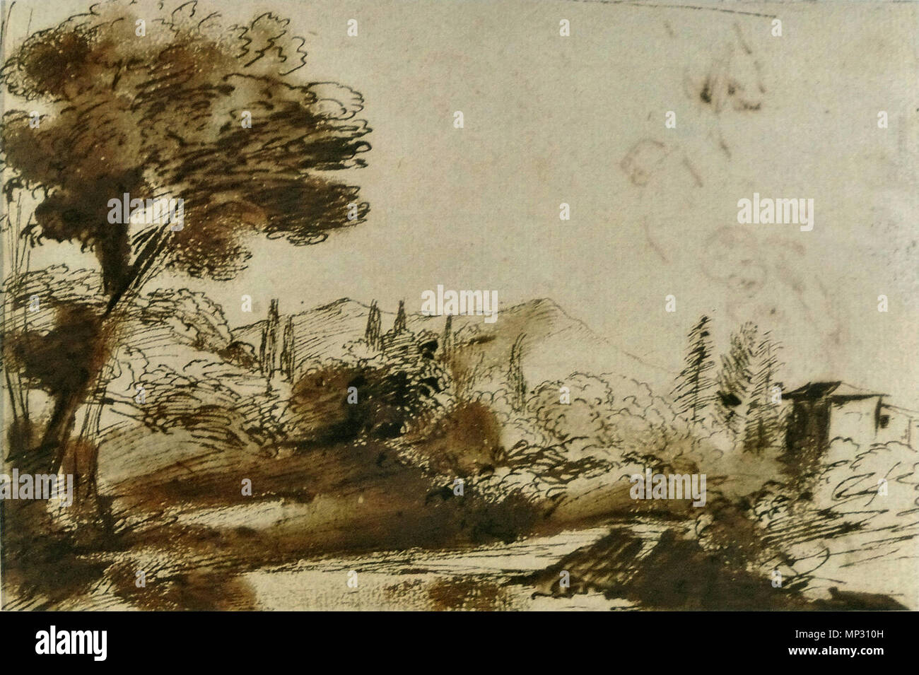 Anglais : Paysage avec un corps de ferme Français : Paysage boisé avec une ferme des années 1640. 985 Pier Francesco Mola - Paysage Banque D'Images