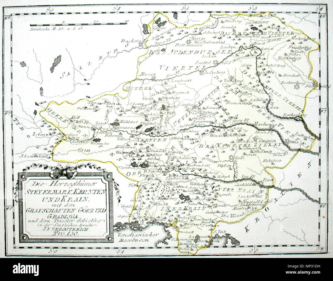 . Deutsch : Die Herzogthümer Steyermark, Hessen und Krain, mit den Grafschaften Görz und dem Gebiethe Gradisga und triester en ämtlichen Inneröstreich der Sprache. Nro. 130. Kolorierter Kupferstich . 1791/1792. Johann Franz Joseph von Reilly (1766-1820) Noms alternatifs Reilly, Franz Johann Joseph von Description Éditeur et écrivain autrichien Date de naissance/Décès 18 Août 1766 6 juillet 1820 Lieu de naissance/décès Vienne Vienne 1790 - 1800 période de travail lieu de travail de contrôle de l'autorité de Vienne : Q113944 : 102371035 VIAF ISNI : 0000 0001 1839 240X RCAC : n88624007 GND : SUDOC : 15 118748017 Banque D'Images