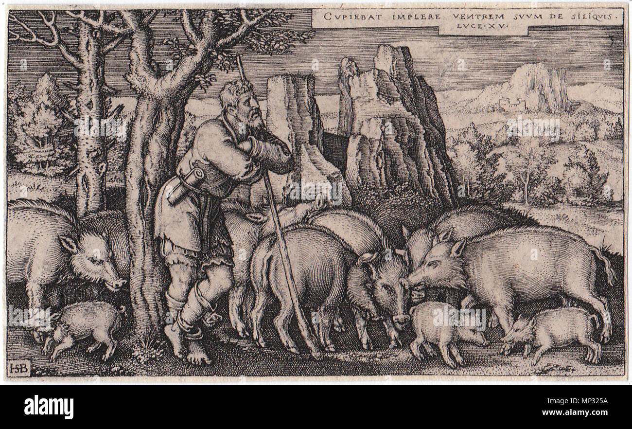 . Deutsch : Beham Hans Sebald), (1500-1550) : (la gravure. Die Geschichte des verlorenen Sohnes/Le fils prodigue. Von den 4 Kupferstiche. Je ca. 5,8 x 9,6 cm. 1538. B. 33, Hollstein 35 J (von VI). Von die komplette Folge dans ganz ausgezeichneten bis prachtvollen Drucken mit teils Grat, sämtlich mit der Einfassungslinie, teils mit der vollen Darstellung. Alt aufgezogen, sonst Sehr guter Erhaltung en. 1538. Ce fichier n'est pas informations sur l'auteur. 1030 Fils Prodigue 3 Banque D'Images