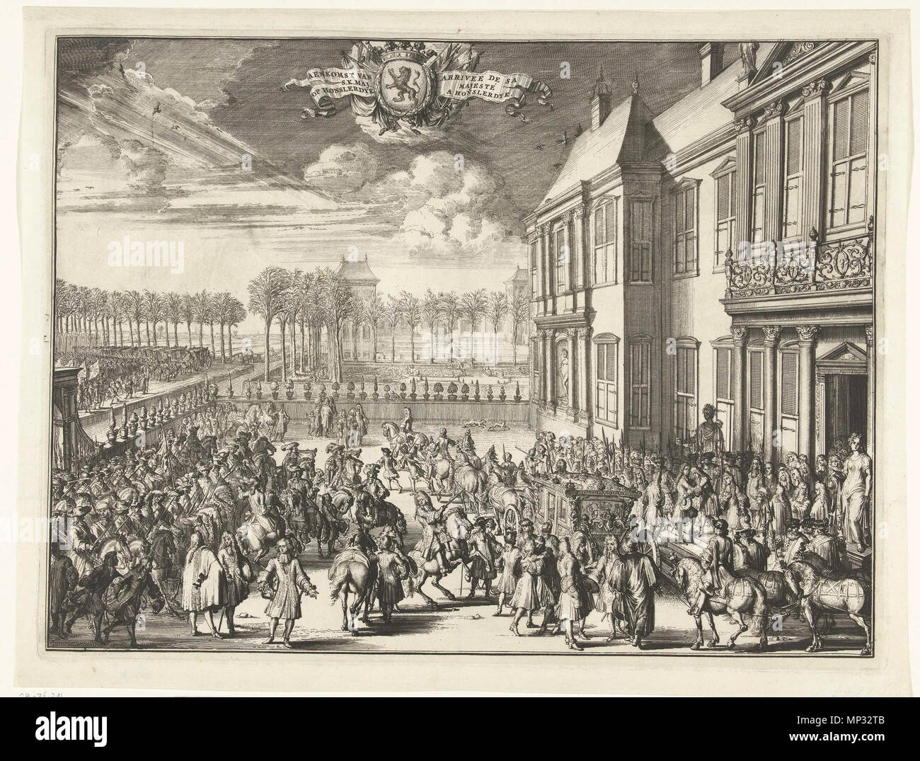 . Anglais : William III arrive à huis Honselaarsdijk, 1691 Nederlands : Aankomst van Willem III op Huis Honselaarsdijk, 1691 . 1691. Romeyn de Hooghe 1266 William III arrive à huis Honselaarsdijk Banque D'Images