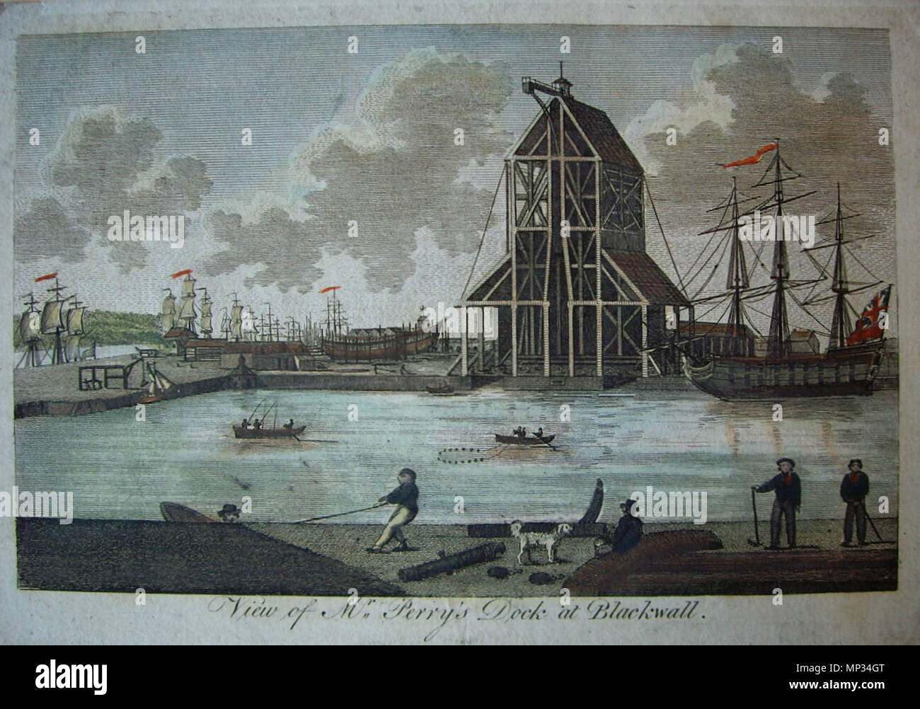 Avis de M. Perry's Dock à flancs noirs . Le chantier naval de Blackwall, commencé à la fin du xvie siècle, a continué, en vertu de différents propriétaires, de réparer et de construire des navires, en particulier pour l'East India Company, tout au long du xviie et xviiie siècles. À la fin du xviiie siècle, Perry's Yard, comme l'établissement Blackwall s'appelait alors, était la plus grande cour privée dans le monde. circa 1789. 1234 Avis de M. Perry's Dock à flancs noirs Banque D'Images