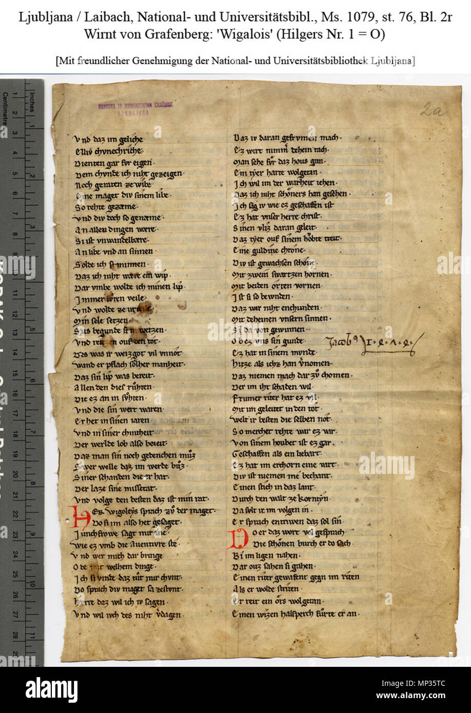 . Deutsch : Wigalois (zwischen 1210 und 1220) des Wirnt von Grafenberg, ein Artusroman. Auszug aus einer Handschrift (Berlin, Staatsbibl., mgf 747) Anglais : Wigalois Wirnt von Grafenberg von ; Écriture (Berlin, Staatsbibl., mgf 747) . 2ème moitié du 13 siècle. Wirnt von Grafenberg Pic1138b 984 2R Banque D'Images