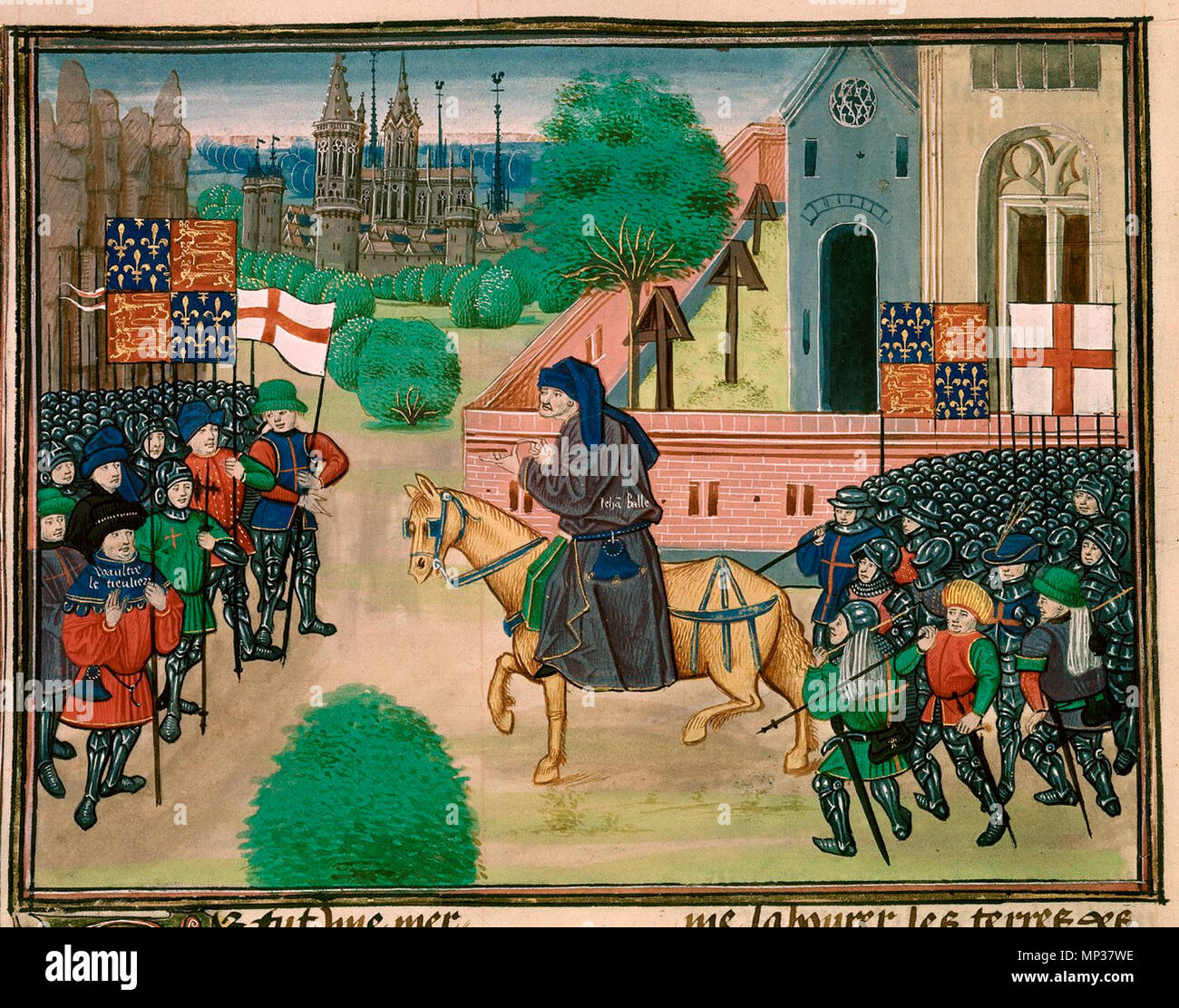 . Une illustration du prêtre John Ball ('Jehã Balle') sur un cheval d'encourager les rebelles de Wat Tyler ('le Waultre tieulier") de 1381, d'une ca. 1470 Autographe de Jean Froissart dans les Chroniques de la British Library. Il y a deux drapeaux de l'Angleterre (St. George's cross drapeaux) et deux bannières de la Cité Plantagenêt armoiries royales de l'Angleterre (la France et l'Angleterre ancienne trimestriel), et un nombre invraisemblable de démonté des soldats portant une armure de plaque complète parmi les rebelles. vers 1470. Médiévale artiste inconnu illustrant les chroniques de Froissart 731 John Ball encourageant les rebelles de Wat Tyler ca 1470 MS Banque D'Images