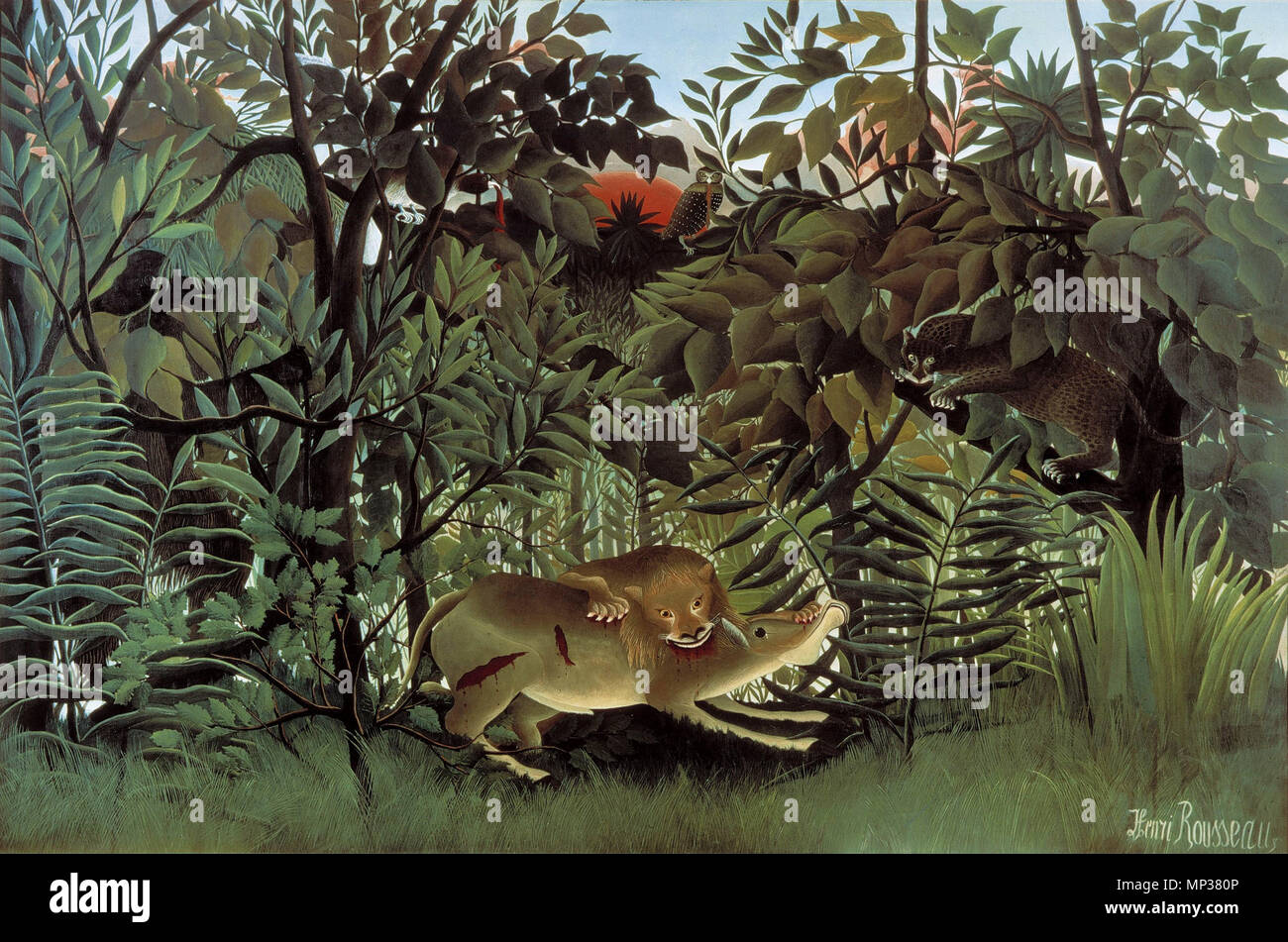 English : The Hungry Lion attaquant une antilope Français : Le lion, ayant faim, se jette sur l'antilope 1905. 1075 Rousseau-Hungry-Lion Banque D'Images