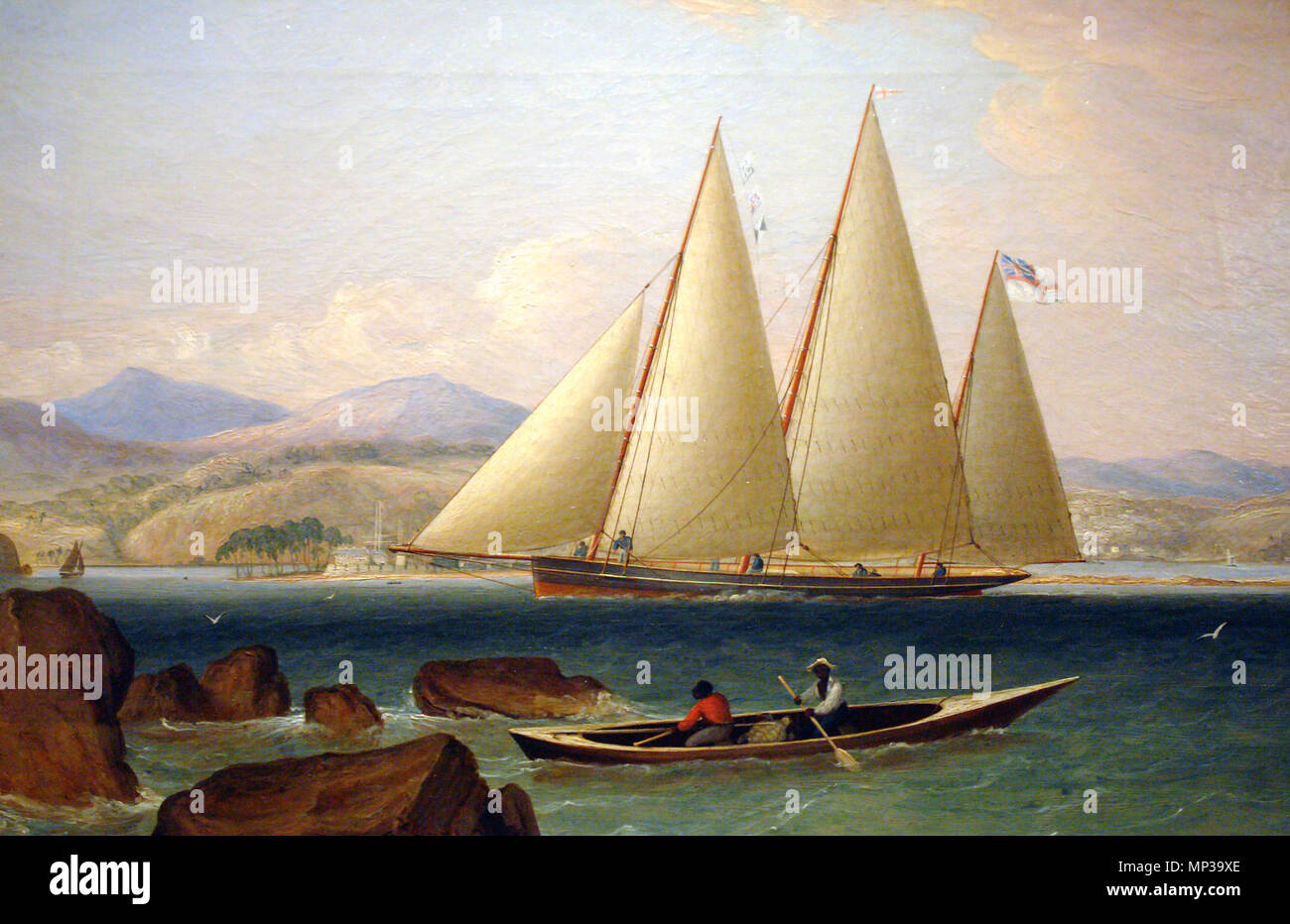 Des Bermudes une corvette de guerre, ou Ballyhou goélette . Un bermuda sloop de la Royal Navy, l'entrée au port dans les Antilles. Début dans les années 1790, la marine a obtenu un grand nombre de ces navires, des Bermudes certains commandés directement auprès de constructeurs dans les Bermudes, avec d'autres personnes ont acheté à partir d'échanges commerciaux. Par exemple le plus remarquable était le HMS Pickle, qui a accueil nouvelles de la victoire à la bataille de Trafalgar. Les navires des Bermudes, qui pourrait avoir d'un à trois mâts, étaient employés à la première pour contrer la menace de corsaires français dans les eaux de l'ouest, et plus tard est devenu la norme des conseils vesse Banque D'Images