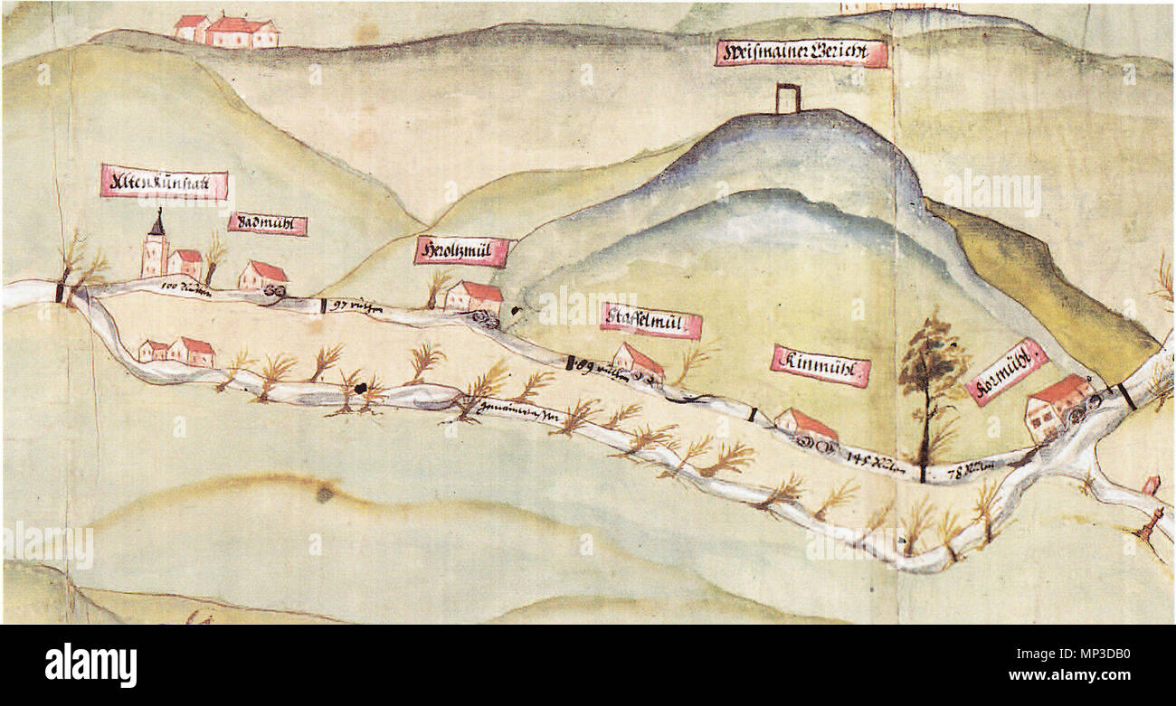 . Teilscan Stitchen Deutsch : zum einer Karte über das 'Weismainer Fischwasser' mit Verlauf der Weismain, angerenzenden Flüssen und Bächen wie und dem eingezeichneten principal Ortschaften und Mühlen. vers 1600. 1254 Fischwasserkarte inconnu Weismainer (m) Banque D'Images
