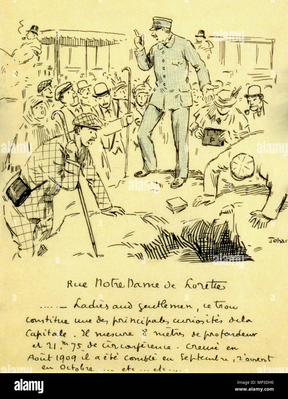 La Revue comique par Jehan Testevuide, no. 25-28. Une foule se rassemble autour d'un trou dans une rue parisienne. Un guide en uniforme indique à la foule de touristes que le trou était vide en août 1909, plein d'ici septembre et vide de nouveau en octobre. Photographies d'un homme avec son appareil photo. vers 1909. 786 La Revue comique par Jehan Testevuide, no. 25-28 - N2 Banque D'Images