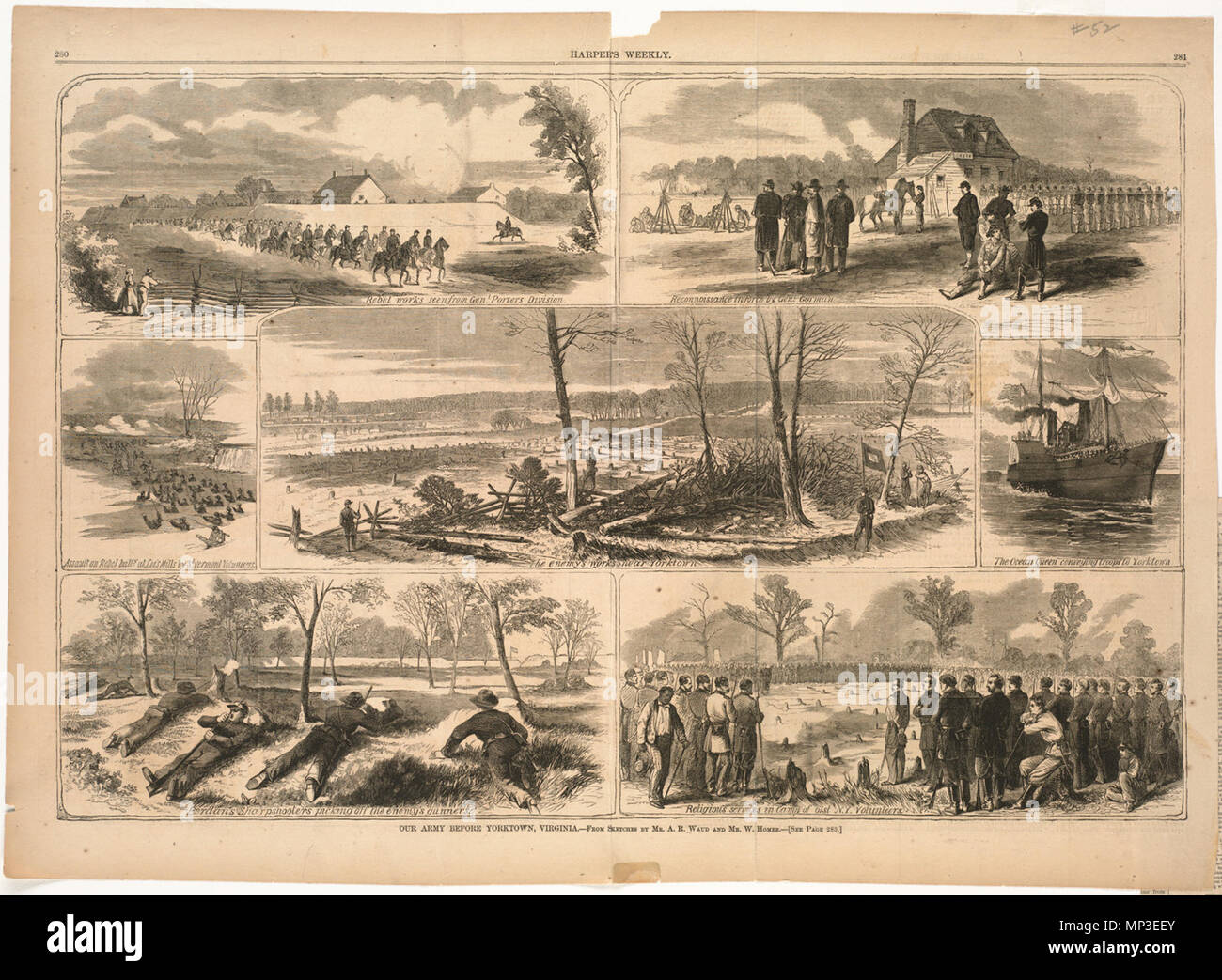 . Anglais : nom du fichier : 1009 000052 Titre : notre armée avant de Yorktown, en Virginie, Créateur ou Contributeur : Homère, Winslow, 1836-1910 (artiste) Date de publication : 1862-05-03 Description physique : 1 : impression gravure sur bois Genre : gravures sur bois ; Périodique illustrations Notes : Publié dans : Harper's Weekly, Volume VI, 3 mai 1862, pp. 280-281. ; à partir de croquis par M. A. R. Waud et M. W. d'Homère. Collection : Winslow Homer Collection Lieu : Bibliothèque publique de Boston, d'imprimer les droits de service : Pas de restrictions connues des données sur Flickr 2011-08-11 : caméra Sinar Sinarback 54 : AG FW, Sinar m Tags : Winslow Homer Utilisateur : Boston P Banque D'Images