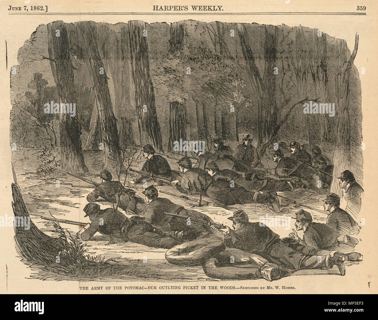 . Anglais : nom du fichier : 1009 000056 Titre : l'armée du Potomac -- Nos piquets de périphériques dans les bois Créateur/Contributeur : Homère, Winslow, 1836-1910 (artiste) Date de publication : 1862-06-07 Description physique : 1 : impression gravure sur bois Genre : gravures sur bois ; Périodique illustrations Notes : Publié dans : Harper's Weekly, Volume VI, 7 juin 1862, p. 359. ; esquissé par M. W. d'Homère. Collection : Winslow Homer Collection Lieu : Bibliothèque publique de Boston, d'imprimer les droits de service : Pas de restrictions connues des données sur Flickr 2011-08-11 : caméra Sinar Sinarback 54 : AG FW, Sinar m Tags : Winslow Homer Utilisateur : Boston Publ Banque D'Images