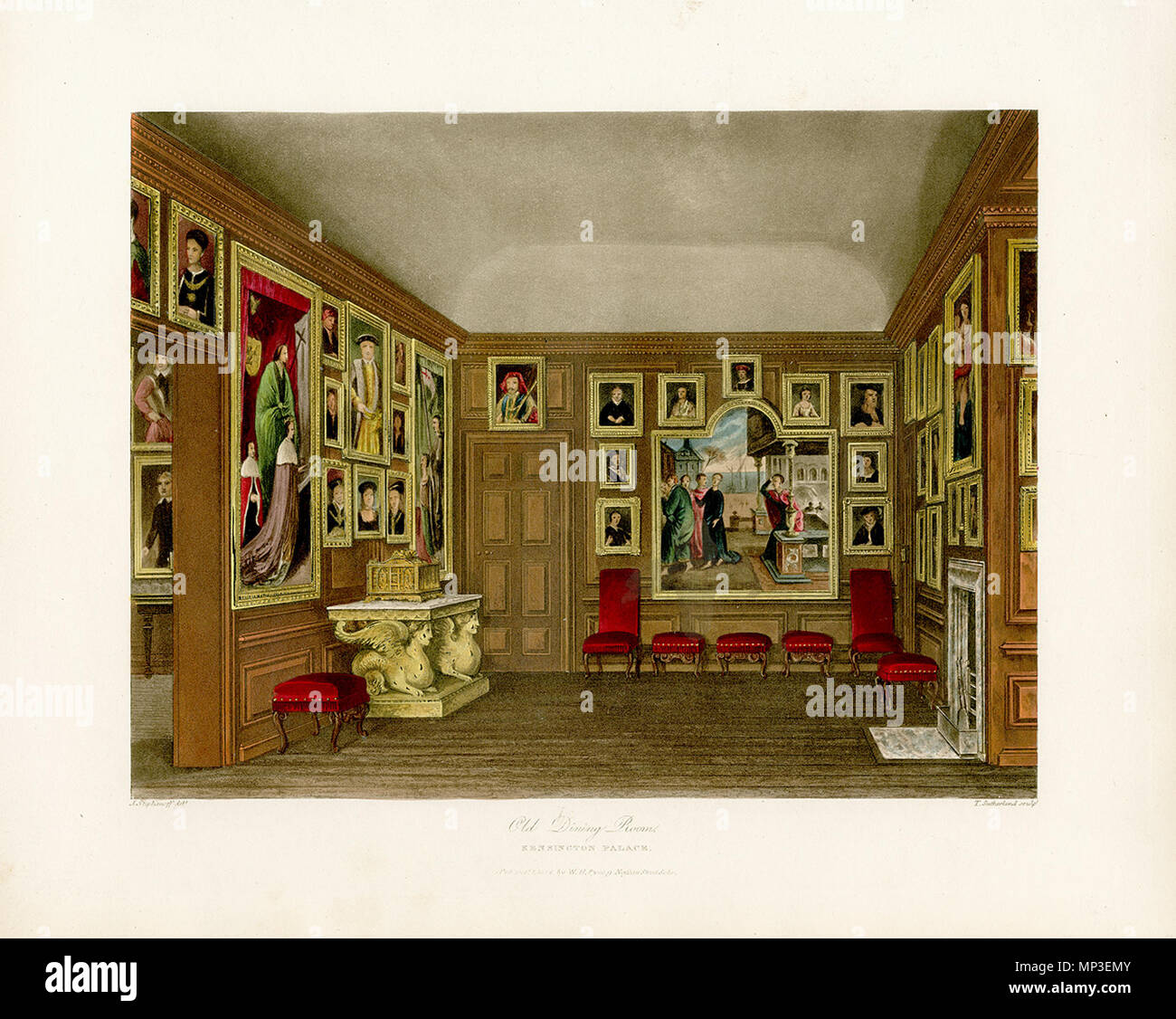 Ancienne salle à manger, Kensington Palace . Anglais : une vue de l'ancienne salle à manger à Kensington Palace (également décrit comme l'ancienne salle de dessin et de l'imprimeur de la salle à manger privée) . 1 octobre 1818. 940 Old Dining Room, Kensington Palace, du Royal Residences Pyne, 1819 - panteek pyn86-152 Banque D'Images