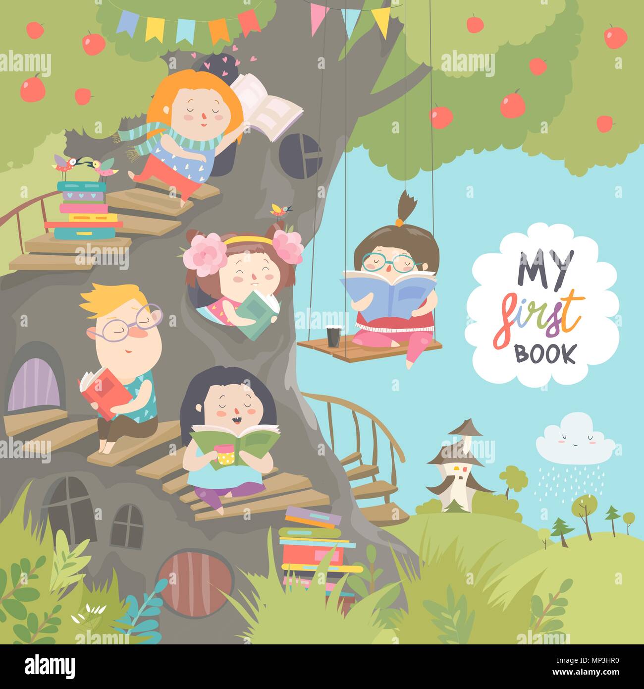 Heureux les enfants lire des livres dans la cabane Illustration de Vecteur