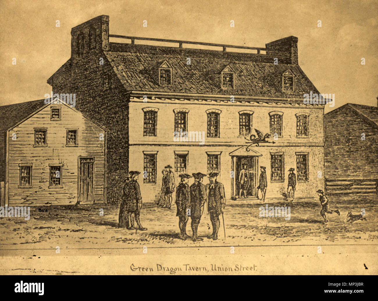 . Anglais : Green Dragon Tavern, rue Union, pré-construit, rasé la révolution ca. 1828, par Russell, graveur. Remarque : Les fils de la liberté qui le fréquentaient ont été formés en 1765. 18e siècle Uploaded on 2018-02-04 . Russell, graveur 1183 l-fils-de-liberty-illustration Banque D'Images