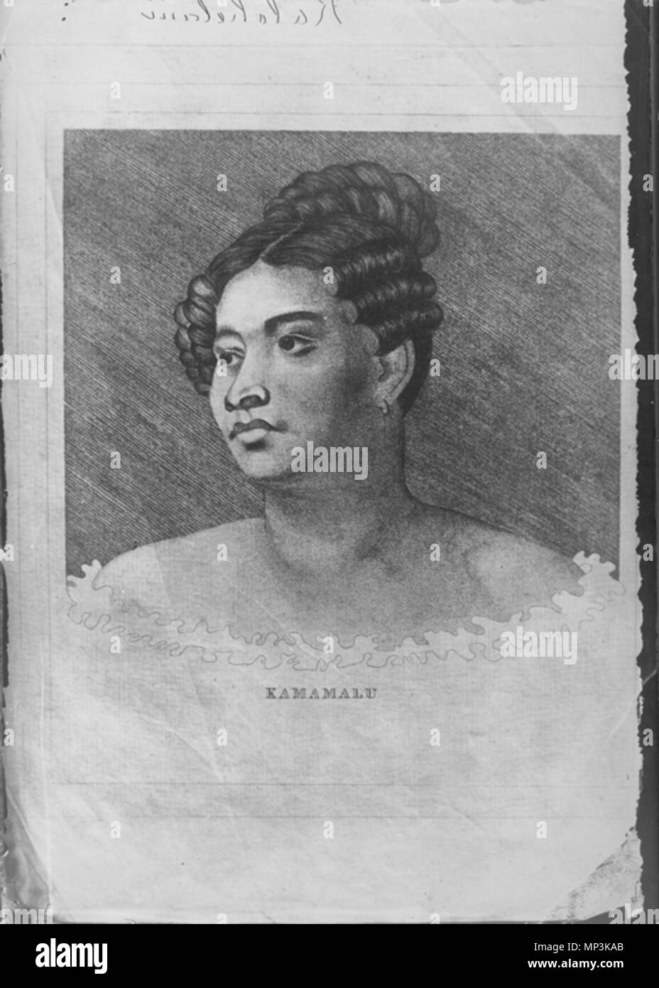 . Anglais : portraits de la Reine Kamamalu pointillées du British original, Tamehamalu, Reine des îles Sandwich, âgé de 22 ans, à partir d'un dessin effectué par la volonté expresse de Sa Majesté. Imprimé et vendu par J. Dawson, 1824. Plus tard cette gravure a été faite entre par les étudiants de Lahainaluna, peut-être Kepohoni. Kamamalu à bas du centre à l'intérieur du châssis. Platemark : 28,8 x 24,5 cm (11 3/8 x 10 pouces). Frameline 22,6 x 22,5 cm (10 1/4 x 8 7/8 pouces). Image : 19 x 18,3 cm (7 3/4 x 7 5/8 pouces). Situé à copies : BPBM, très bon ; DL (dans l'Album Marant-Boisseveur), très bien, avec l'annotation indiquant que j'ai Banque D'Images