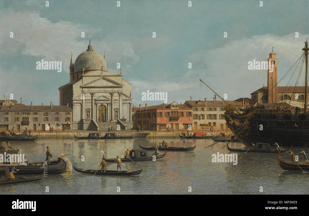 De 1747 jusqu'en 1755. 1228 Venise, une vue sur les Églises de l'Redentore et San Giacomo, avec un homme de la guerre, les gondoles et les chalands Banque D'Images