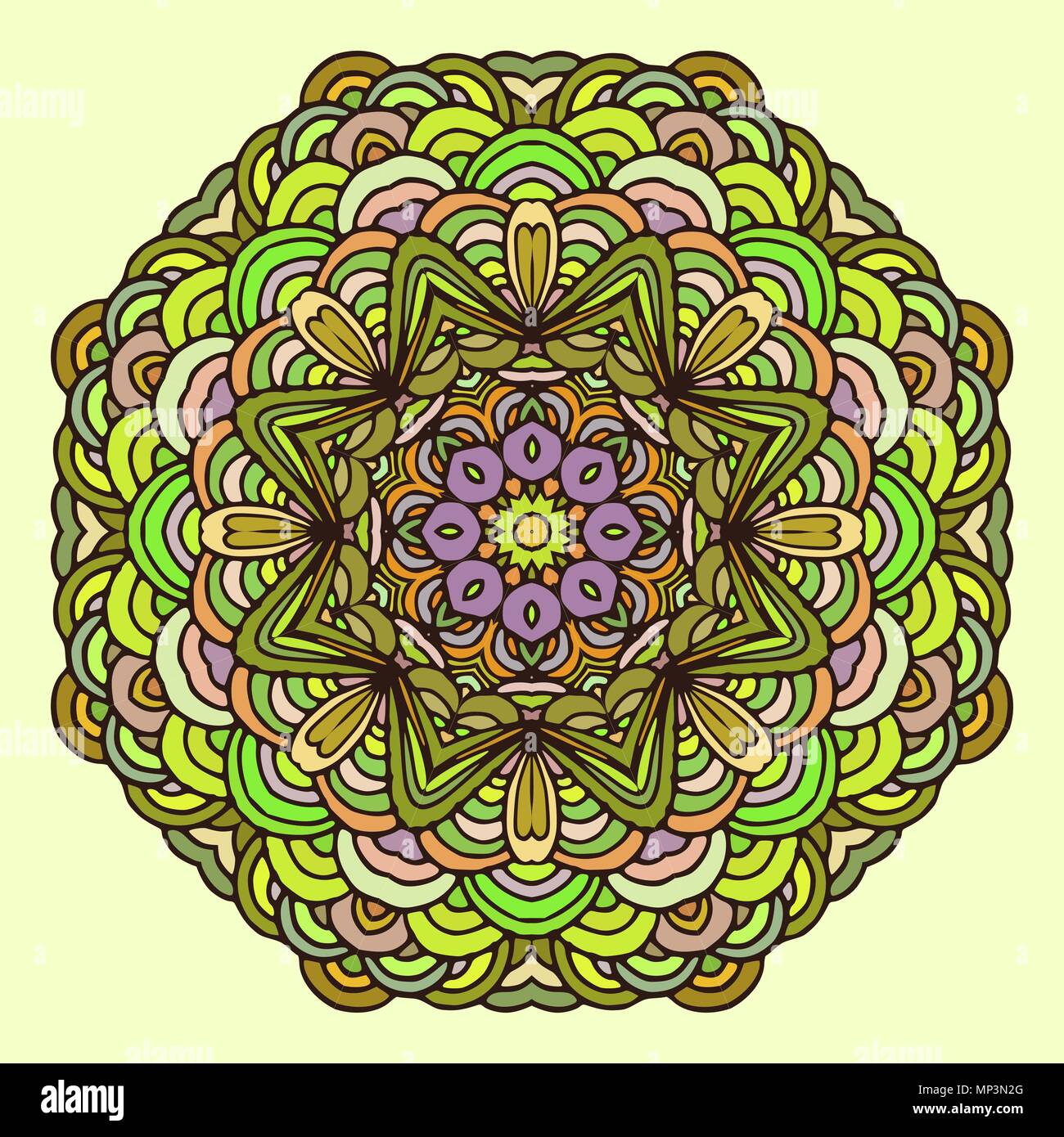 Mandala dessiné à la main motif coloré. Motif cercle géométrique pour la conception, les cartes d'invitation et d'éléments pour symbole yoga etc. Illustration de Vecteur