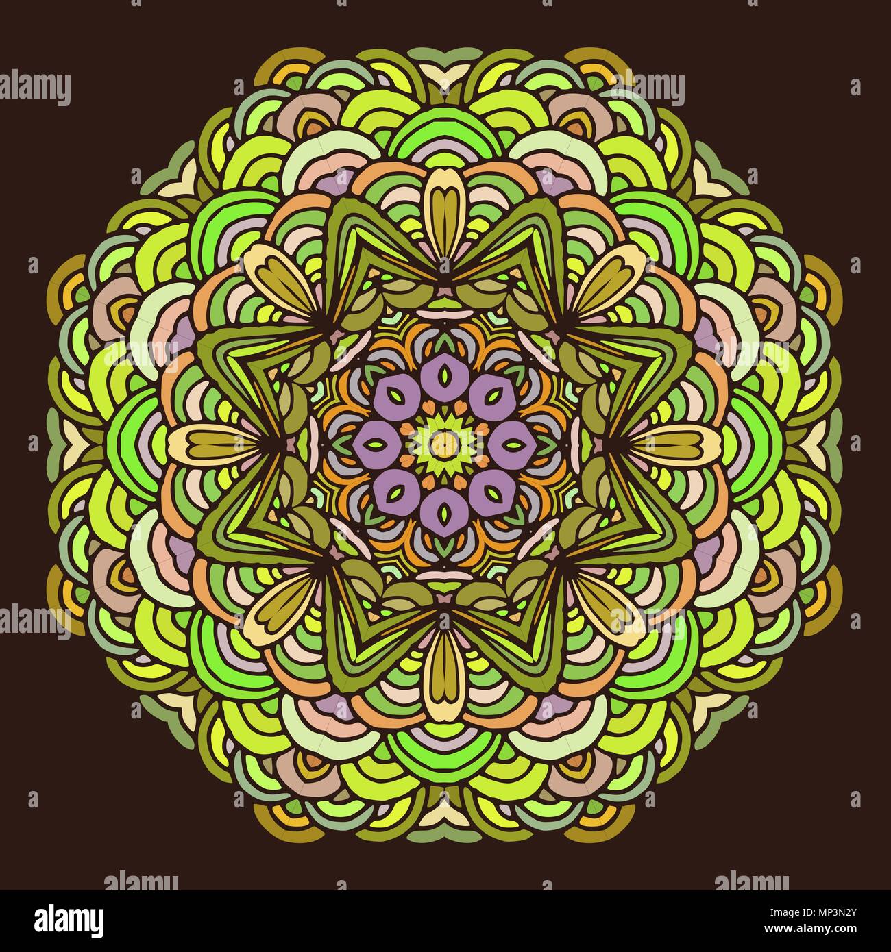 Mandala dessiné à la main de couleur sur fond sombre. Motif cercle géométrique pour la conception, les cartes d'invitation et d'éléments pour symbole yoga etc. Illustration de Vecteur