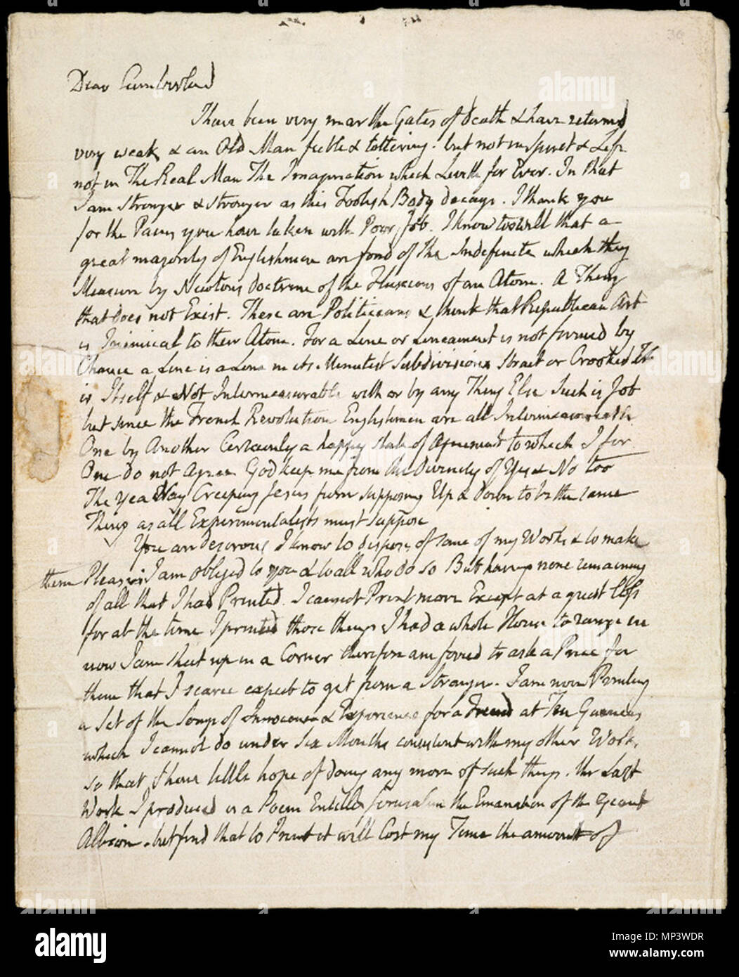 . Anglais : Lettre à George Cumberland, 12 avril 1827, l'objet 2 . 23 février 2005, 08:25:39. William Blake (1757-1827) Noms alternatifs W. Blake ; Uil'iam Bleik Description La peintre, poète, écrivain, théologien, collectionneur et graveur Date de naissance/décès 28 Novembre 1757 12 août 1827 Lieu de naissance/décès Broadwick Street London Charing Cross lieu de travail contrôle d'autorité : Q41513 : VIAF 54144439 ISNI : 0000 0001 2096 135X ULAN : 500012489 RCAC : n78095331 NLA : 35019221 Le WorldCat William Blake Archive Collection numérique hébergé sur des serveurs à l'UNC Le Châtelet Banque D'Images