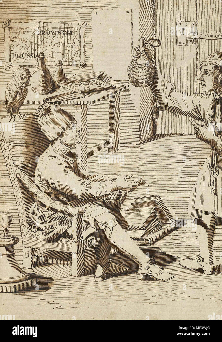 Philipp von Stosch (1691-1757) dans son étude avec un serviteur tenant une fiole *traces de craie noire, plume et encre brune, lavis *30,6 x 21,4 cm *inscrit : PROVINCIA la Prusse (sur la carte) . Anglais : Philipp von Stosch (1691-1757) dans son étude avec un serviteur tenant une fiole de traces de craie noire, plume et encre brune, lavis 30,6 x 21,4 cm inscrit : PROVINCIA la Prusse (sur la carte) . 18e siècle. Pier Leone Ghezzi (1674-1755), peintre et caricaturiste Description Date de naissance/Décès 28 Juin 1674 6 mars 1755 Lieu de naissance/décès Rome Rome lieu de travail Florence (1711) ; Rome ( Banque D'Images