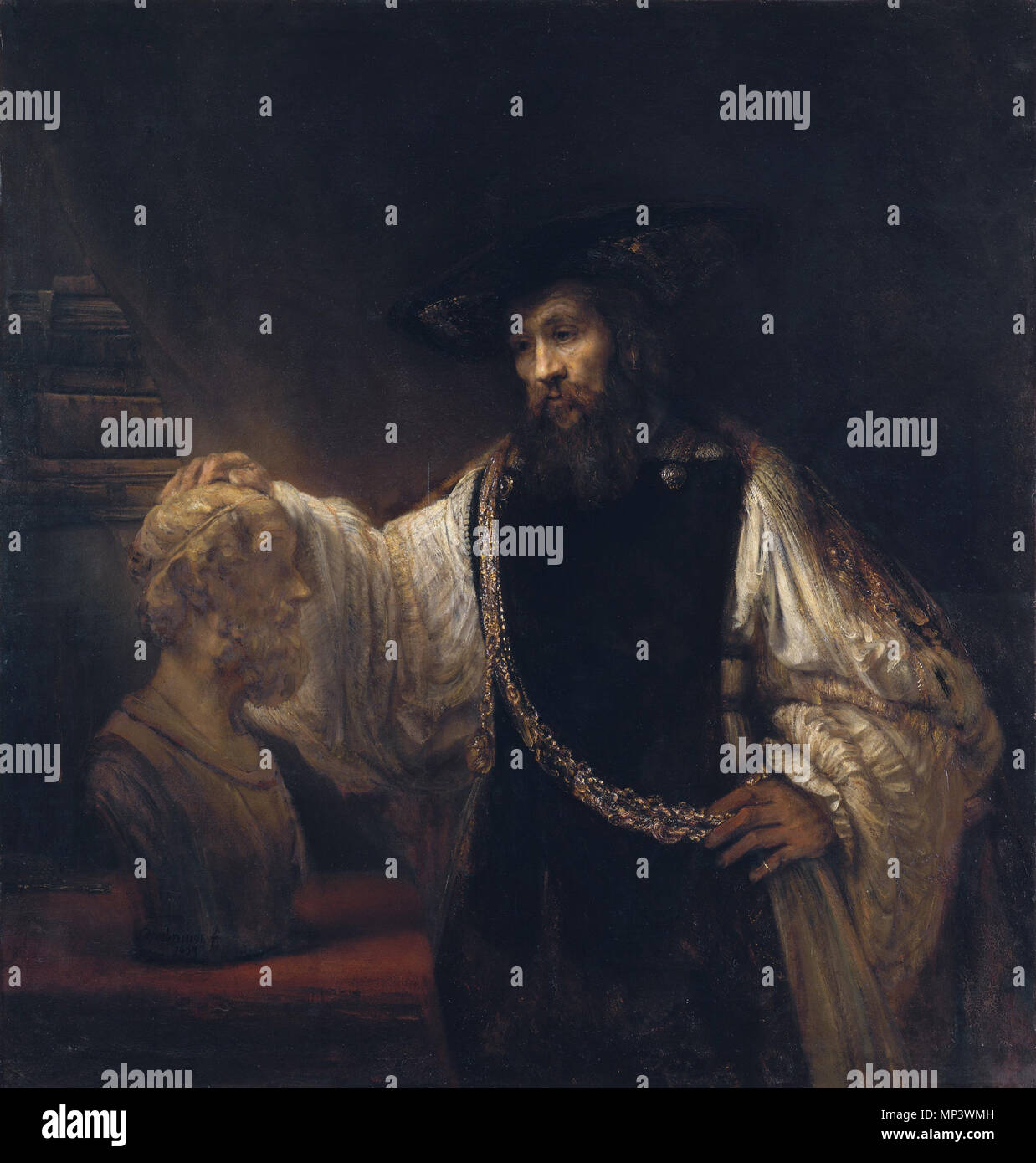 Aristote avec un buste d'Homère *huile sur toile 143,5 x 136,5 cm * *signé l.l.) : Rembrandt.f. / 1653 Aristote avec un buste d'Homère . Partie d'une série de sept tableaux, qui comprenait également Homère par Rembrandt (Fichier:. Dirck van Rijn 061.jpg), Alexandre le Grand de Rembrandt (perdu), le cosmographe par Guercino (perdu), Denys de Syracuse par Matia Preti (perdu), le philosophe Archita Tarantino par Salvator Rosa (perdu) et le philosophe ou Jérôme de Giacinto Brandi (perdu). 1653. 1048 Rembrandt - Aristote avec un buste d'Homère - WGA19232 Banque D'Images