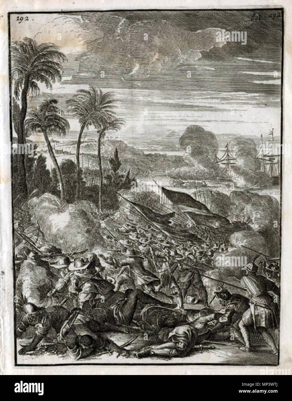 . Anglais : une bataille sur la côte de Malabar ('Pepper Coast') entre la Dutch East India Company et le portugais, avec 'Nairos, 1661 ; déc. Des navires néerlandais sont en arrière-plan ; de 'Wouter Schouten's voyages dans les Indes orientales, 2e éd., Amsterdam, 1708 Source : ebay, août 2010 . 1708. Wouter Schouten 1105 Schouten1708 Banque D'Images