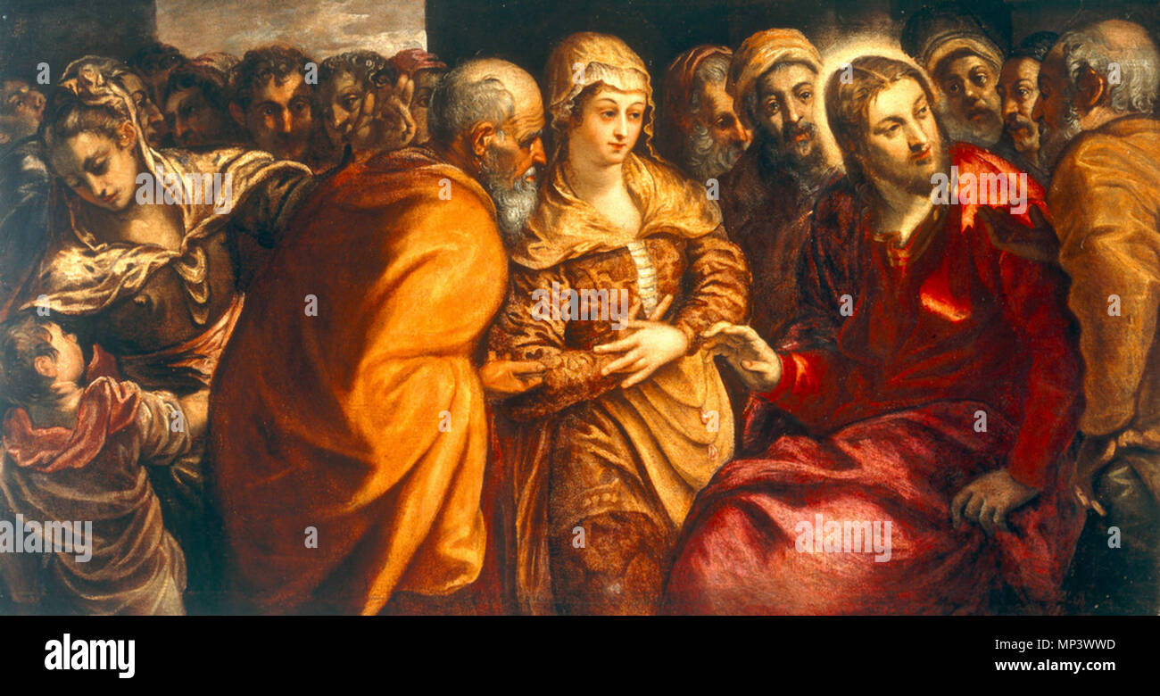 2-R42-F105-1570-B J.Tintoretto, Christus und Ehebrecherin Tintoretto, eigentl. Jacopo Robusti, 1518-1594, zugeschrieben. 'Christus und die Ehebrecherin', undat. Oel auf Leinwand, 114 x 204 cm. Inv.Nr. 253 Venise, Galleria dell'Accademia. E : J.Tintoretto / le Christ et l'adultère Tintoretto, Jacopo Robusti, Nom Réel 1518-1594, attribué à. "Le Christ et la femme adultère", undat. Huile sur toile, 114 x 204cm. Inv.no 253 Venise, Galleria dell'Accademia. F : Le Tintoret/Jésus et la femme adultere Le Tintoret, Jacopo Robusti, dit Tintoretto, 1518-1594 , attribue. - 'Jésus et la femme adultere'. - H Banque D'Images
