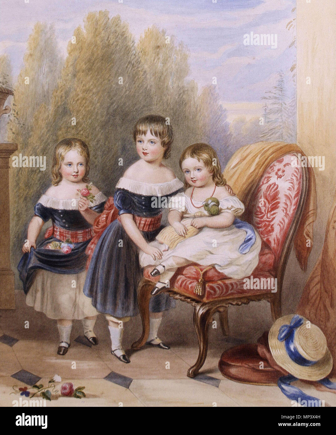 Les trois premiers enfants de Frederick John Howard (1814-1897) et Lady Fanny Cavendish, William et George, debout, assis, Louisa * aquarelle sur papier 39 x 28,8 cm * *inscrit verso : William Frederick / George Francis / et / Louisa Blanche / Howard / enfants de Fredk John & Lady Fanny Howard / copier par Dowling / à partir de l'original par H. B. Ziegler / peint en 1844 . Français : Les trois premiers enfants de Frederick John Howard (1814-1897) et Lady Fanny Cavendish, William et George, debout, assis, Louisa inscrit verso : William Frederick / George Francis / et / Louisa Blanche / Banque D'Images