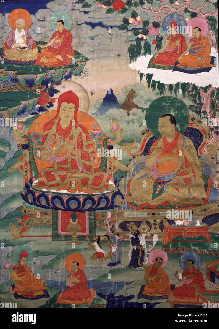 Sakya Pandita Kunga Gyaltsen et Drogon Chogyal Phagpa . Sakya Pandita : anglais, Kunga Gyaltsen Pal Zangpo (1182-1251), portant un grand chapeau rouge, le sixième titulaire du trône de Sakya, arrière-petit-fils de Khon Konchog Gyalpo. Sakya Pandita est accompagné de son neveu Chogyal Pagpa.[1] English : Sakya Pandita Kunga Zangpo Pal, Gyaltsen (1182-1251), portant un chapeau haut rouge, le sixième détenteur du trône de Sakya, arrière-petit-fils de Khon Konchog Gyalpo. Sakya Pandita est accompagné de son neveu Chogyal Pagpa.[1] Notes from Wikimedia Commons user : English : Au bas de la photo deux mongo Banque D'Images