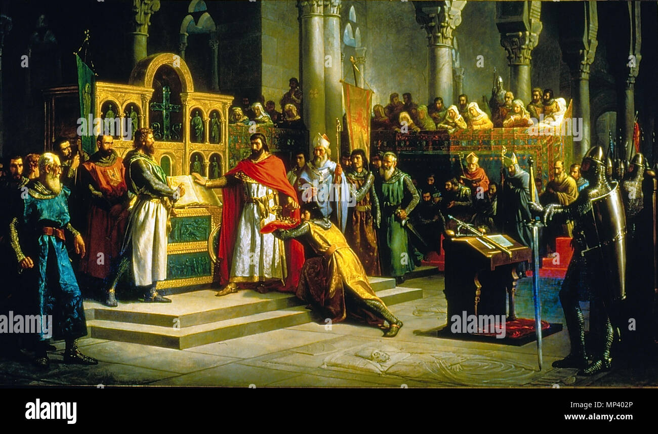 Jura de Santa Gadea. Español : Lienzo que représenta la Jura de Santa Gadea, supuestamente acontecimiento histórico ocurrido en el año 1072, y en la que Alfonso VI, rey de Castilla y León, hubo de jurar en la Iglesia de Santa Gadea de Burgos, ante Rodrigo Díaz de Vivar, llamado "Hotel Nobel", que no había tomado parte en el asesinato de su hermano, el Rey Sancho II de Castilla, quien fue asesinado ante los muros de la ville de Zamora en 1072. . 1864. 752 Jura de Santa Gadea Banque D'Images