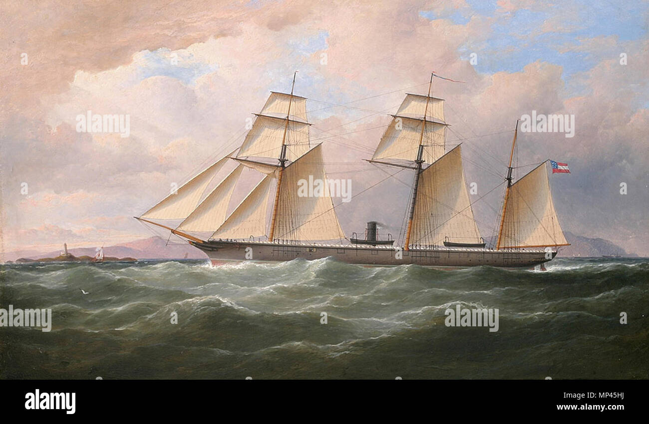 Confederate Raider ALABAMA . Le 29 juillet 1862, Hull "Non. 290" repassés de la Mersey du Laird de Birkenhead du chantier et dans la guerre civile de l'histoire. Prendre bientôt son prénom, Alabama, le commerce Raider figurant sur un tour avec des résultats catastrophiques pour l'Amérique du nord-américaine des intérêts de la navigation commerciale dans le monde entier. Vis de la corvette de guerre s'est révélée être un navire rapide, capable, sous le commandement du Capitaine Raphael Semmes, capturer ou détruire 69 navires en moins de deux ans. Mesurant 220 x 32'l'b, sa goélette rig et levage hélice pourrait frapper 13 noeuds et plus. Un port superbement détaillées Banque D'Images