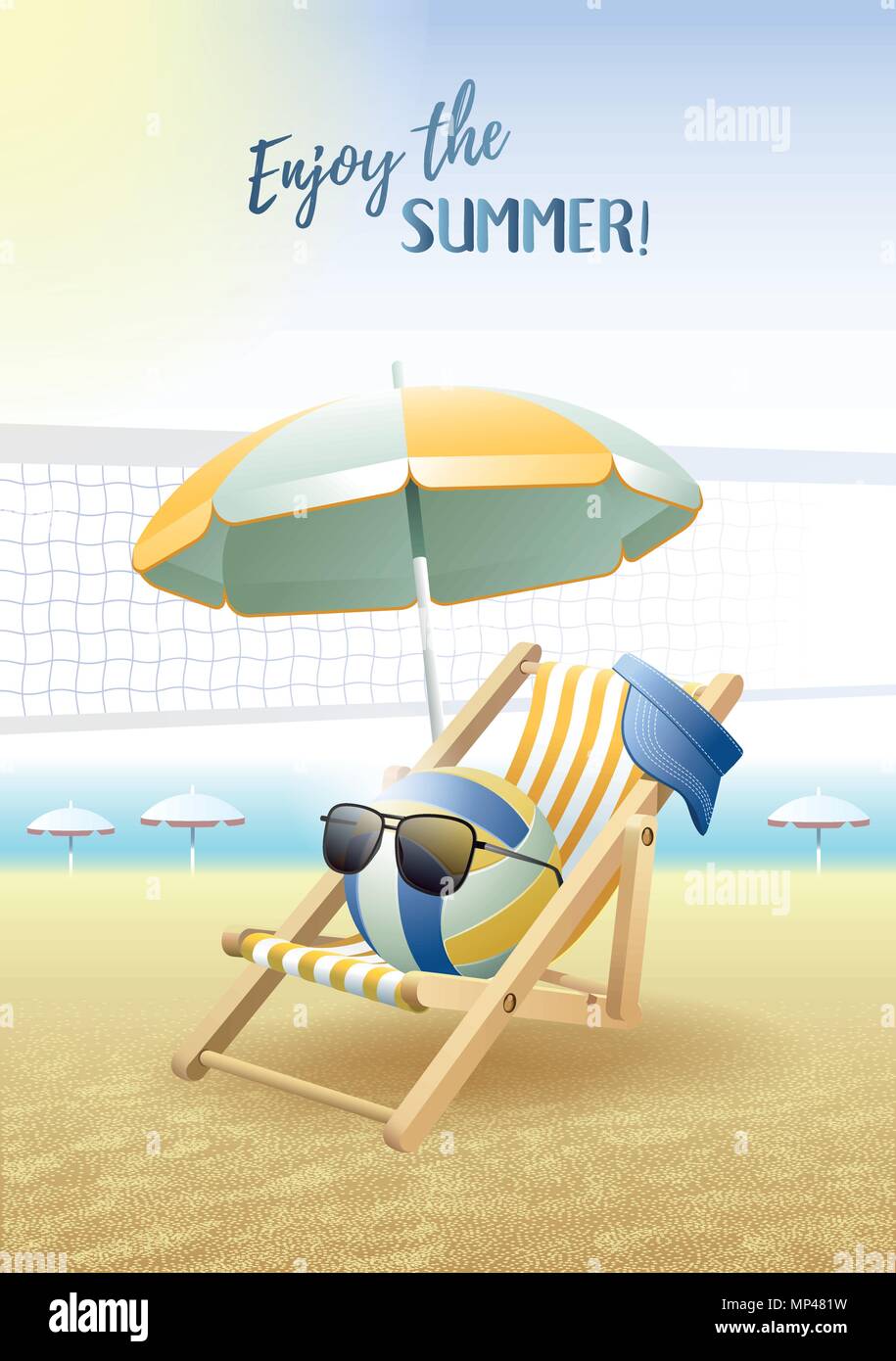 Profitez de l'été ! Carte de sport. Ballon de volley-ball avec des lunettes de soleil, parasol, chaise longue et chapeau sur la plage de sable fin. Vector illustration. Illustration de Vecteur