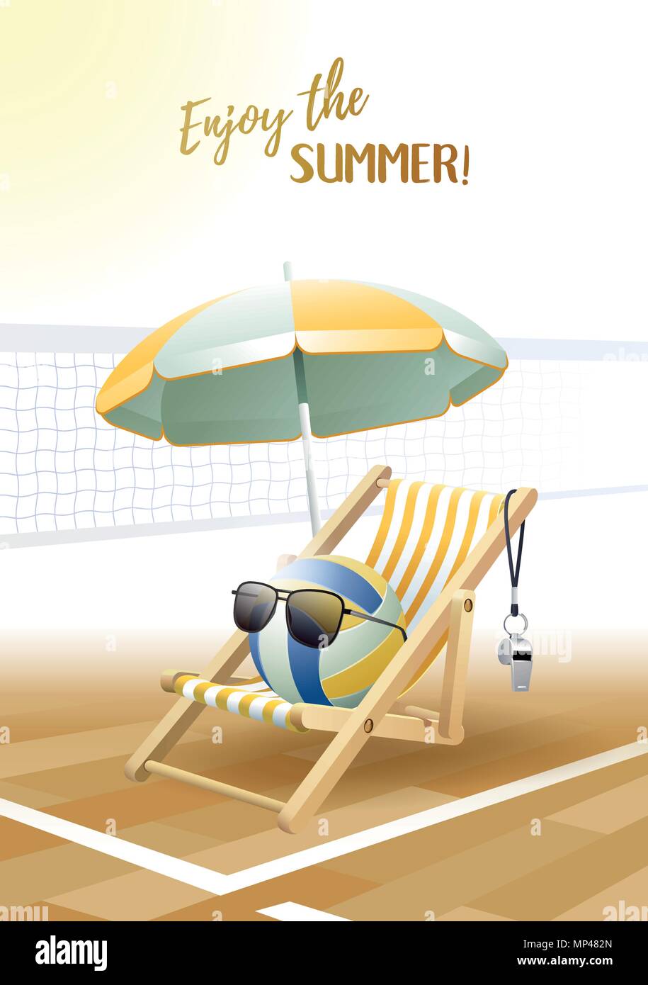 Profitez de l'été ! Carte de sport. Ballon de volley-ball avec des lunettes de soleil, parasol, chaise longue, et sur le terrain de volley. Vector illustration. Illustration de Vecteur