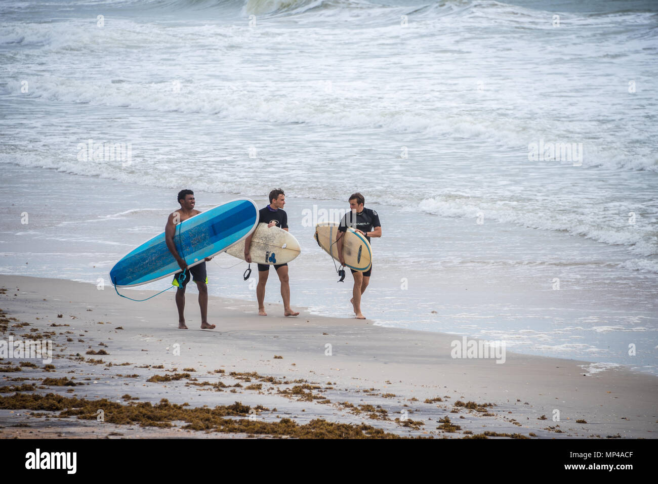 Trois surfers sur la plage de Plage Mickler à Ponte Vedra Beach, en Floride. (USA) Banque D'Images