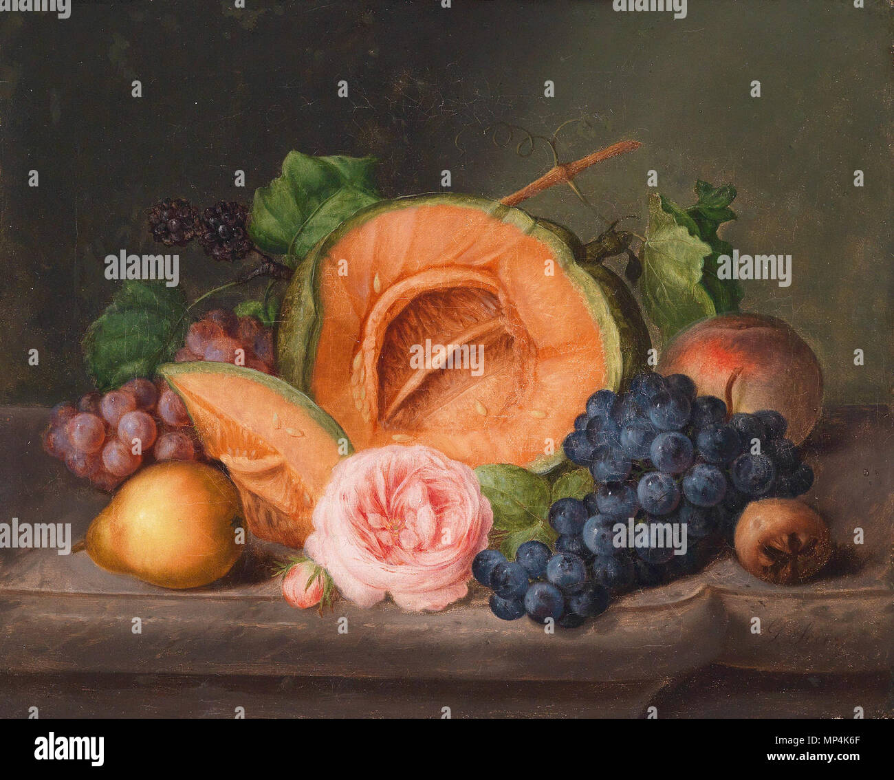 725 Johann Georg Seitz Stillleben mit Kürbis und Rose Banque D'Images