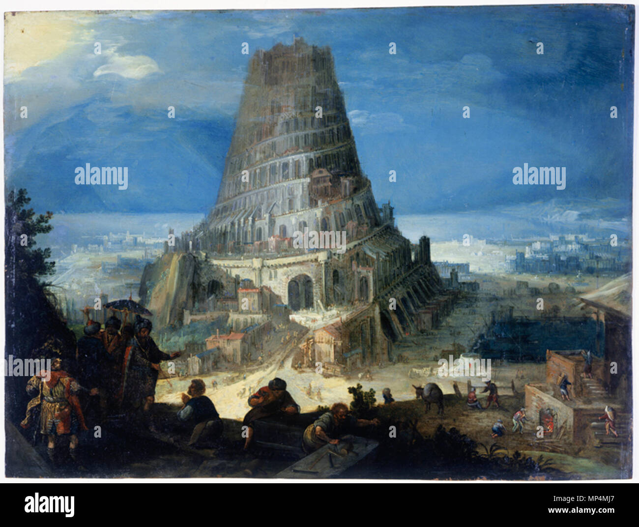 Nimrod superviser la construction de la Tour de Babel. Huile sur cuivre. La peinture sur l'arrière de la plaque de cuivre Plan de Londres. Nimrod superviser la construction de la Tour de Babel : 1559 865 Marten van Valckenborch - La Tour de Babel (Museum of London) Banque D'Images