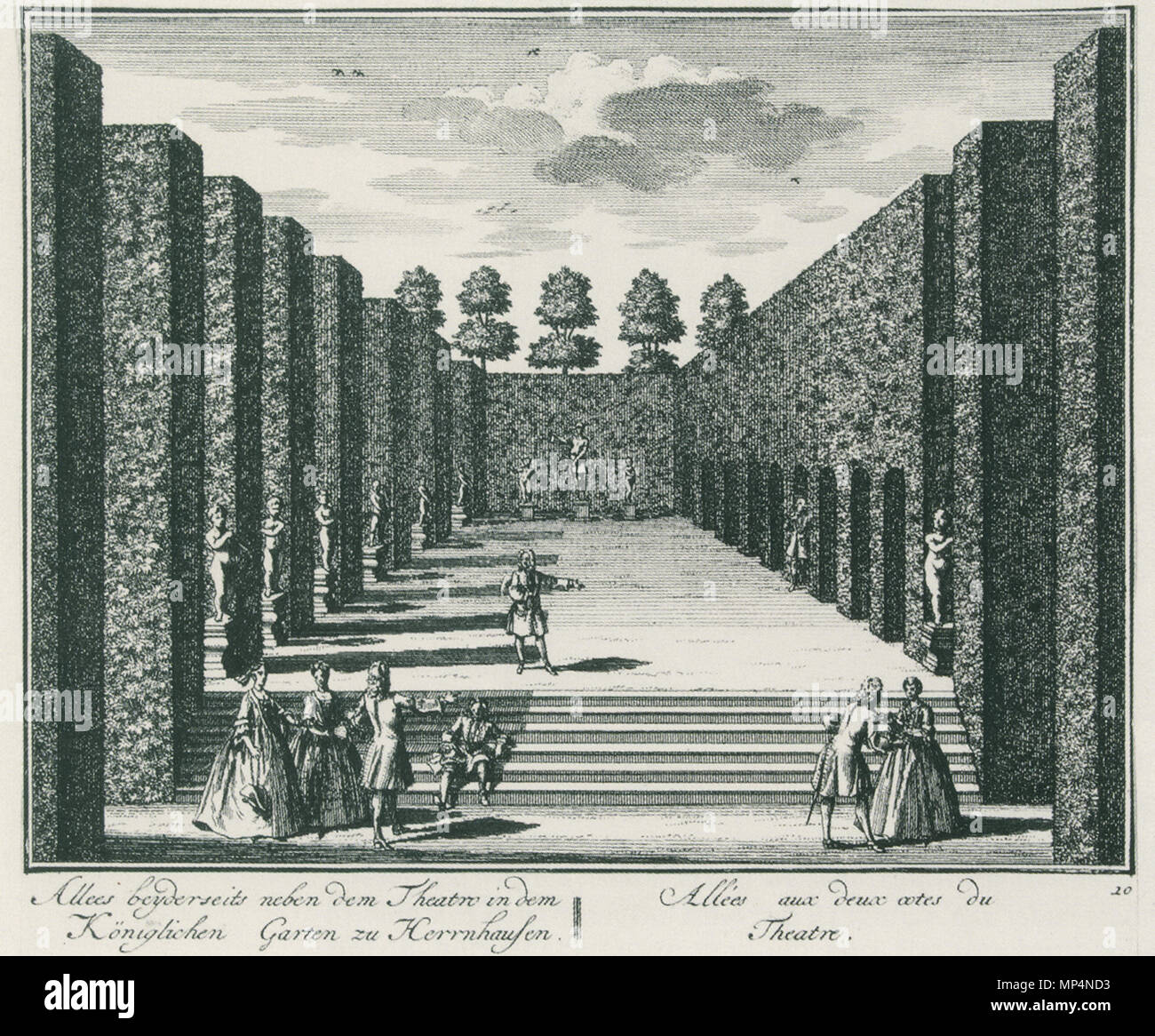 J. J. Müller (Zchn), Joost van Sasse (Stich), "allés neben dem beyderseits Theatro dans Herrnhausen Königlichen Garten zu dem. Allées aux deux cotes du théâtre.", Kupferstich, Historisches Museum Hannover, Inv. N° Negativ-Nr VM 28795,9 ;. 90/ 1985. [Marieanne von König (Hg.), de Herrenhausen. Die Königlichen Gärten à Hanovre, Göttingen 2006, S. 28, ABB. 9 : Von der mit Skulpturen des Heckentheaters Seitengänge geschmückten Kupferstich, um 1725,.] 916 GartenthKulissen 1725 Sasse +Müller Banque D'Images