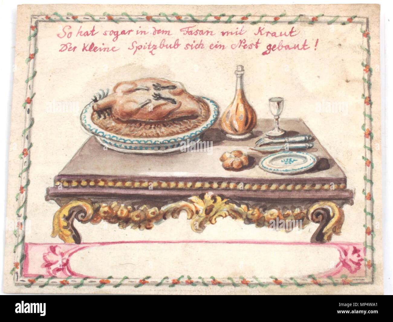 . Scherzkarte, Motiv : gedeckter Tisch mit aufklappbarem Fasan, Spruch : 'So hat sogar mit dem Fasan Kraut der kleine Spitzbub sich ein Nest gebaut" (Amor), 11 x 8,5 cm . 19e siècle. 1099 Anonyme Scherzkarte Fasan Banque D'Images