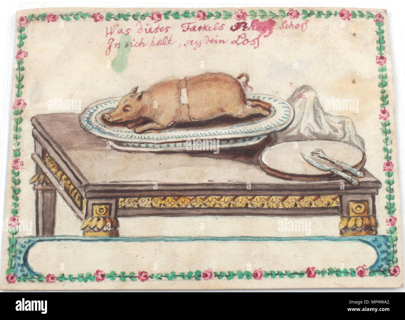 . Scherzkarte, Motiv : Spanferkel, gedeckter Tisch mit aufklappbarem Ferkel, mit guten Wünschen darin (300-jährige Lebenstinktur), 11 x 8,5 cm . 19e siècle. Ferkel 1099 Scherzkarte anonyme Banque D'Images