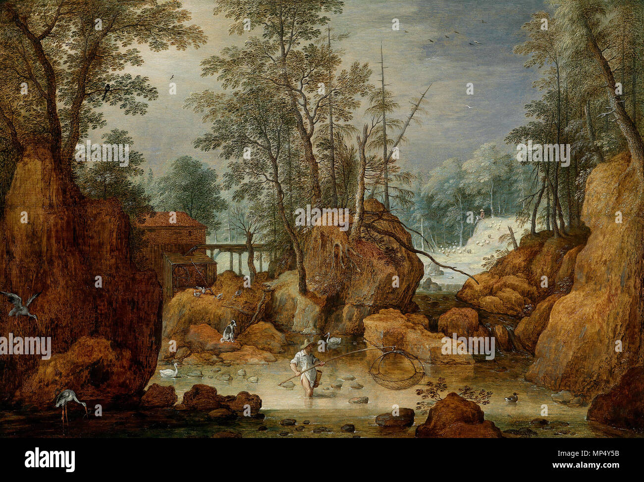 Un pêcheur dans une rivière dans un paysage boisé . Marten Rijckaert 1062 - Un pêcheur dans une rivière dans un paysage boisé Banque D'Images