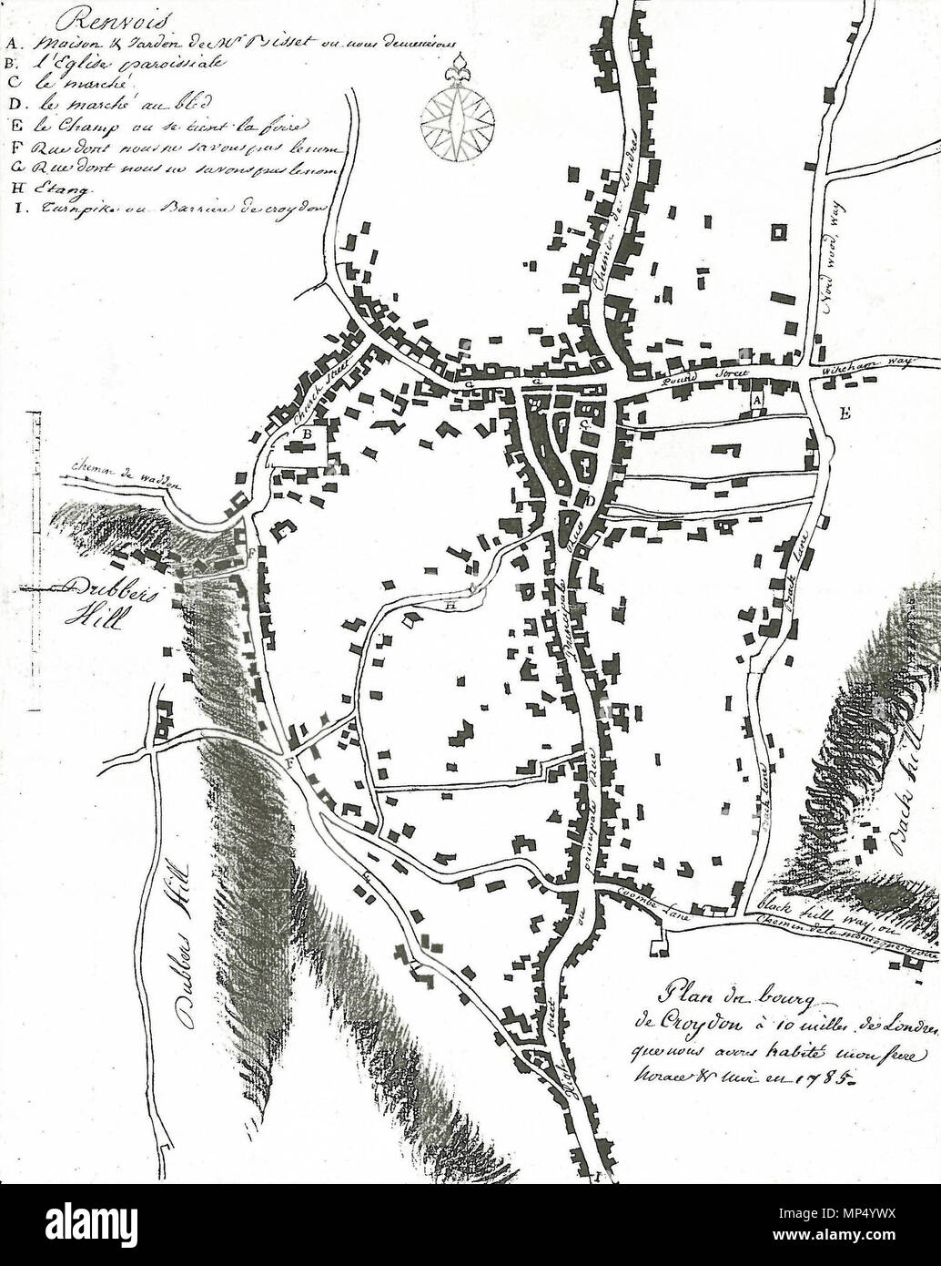 . Anglais : Plan de la ville de Croydon dessiné par Jean-Baptiste Say (1767-1832) en 1785. Emplacements marqués sont : A - chambre d'Alexandre Bisset où dire et son frère sont restés ; B - Eglise paroissiale ; C - marché ; D - cornmarket ; E - Fairfield ; F & G routes sans nom ; H - étang ; I - turnpike gate. Position de l'original : Croydon Archives AR 47/1. 1785. Jean-Baptiste Say (1767-1832) 1098 Dire la carte Banque D'Images