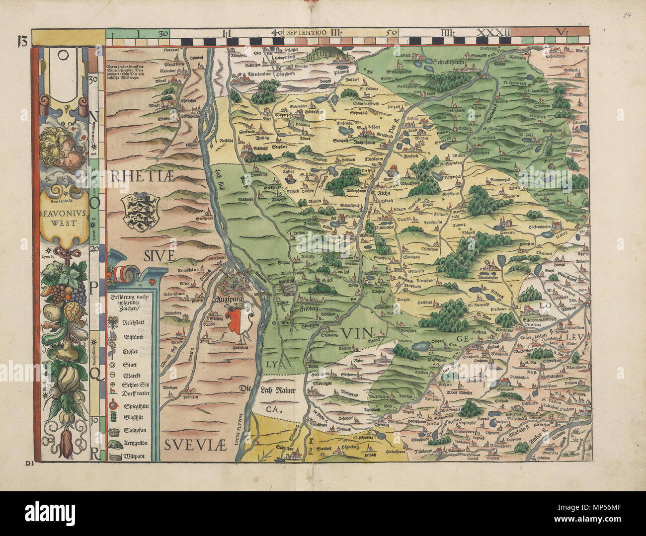 . Deutsch : Philipp von Landtafeln Bairische Apian - (1568) 13 Tafel ca. 1:140,000, Gesamtgröße des originaux 156 x 159 cm, je Blatt 43 x 33 cm, "der Großen Karte" ließ Apian 1566 Philipp von Jost Amman Holzschnitte von kleineren im Maßstab 1:144,000 anfertigen. Cette Bairischen Landtafeln donc genannten, aufgeteilt dans 24 Holzschnitte, verlegte dans Apian eigenen senneur Druckerei. Die Genauigkeit der Landkarten wurde erst im 19. Jahrhundert übertroffen. Noch Napoléon benutzte sie für den Einmarsch à Bayern. Ein Originaldruck der Karte ist im Stadtmuseum Ingolstadt ausgestellt, die Dru Banque D'Images