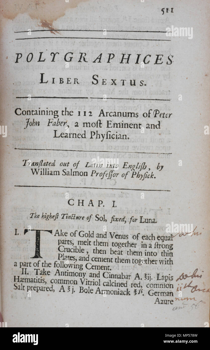Page de titre de livre 6, 'Polygraphices Liber Sextus, contenant les 112  Arcanums de Peter John Faber, un Eminent et savant médecin." (Pierre-Jean  Fabre, 1588-1658) . Anglais : page de titre de