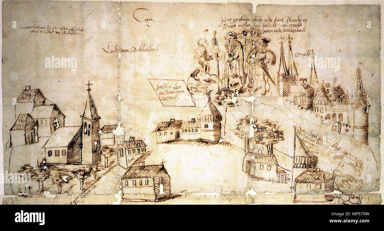 . Anglais : Dessin de Valkenburg (à gauche), Château de Valkenburg (centre) et la commanderie Nieuwen Biesen des Chevaliers de l'Ordre Teutonique de Maastricht (extrême droite), dans le cadre d'un litige judiciaire entre Valkenburg et Borgharen (c 1500). 16 février 2014, 10:44:51. Inconnu (c) 1500 1219 ValkenburgNieuweBiesen1500 Banque D'Images