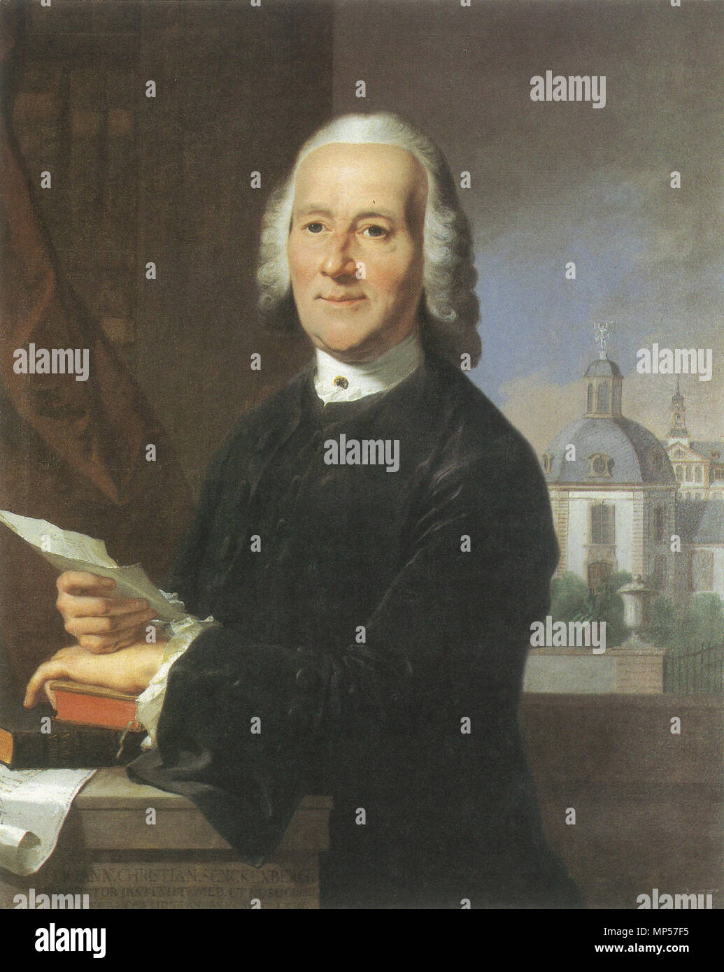 Johann Christian Senckenberg. Bildnis des Johann Christian Senckenberg, im Hintergrund das Theatrum Anatomicum und das Bürgerhospital . 1771. 724 Johann Christian Senckenberg Banque D'Images