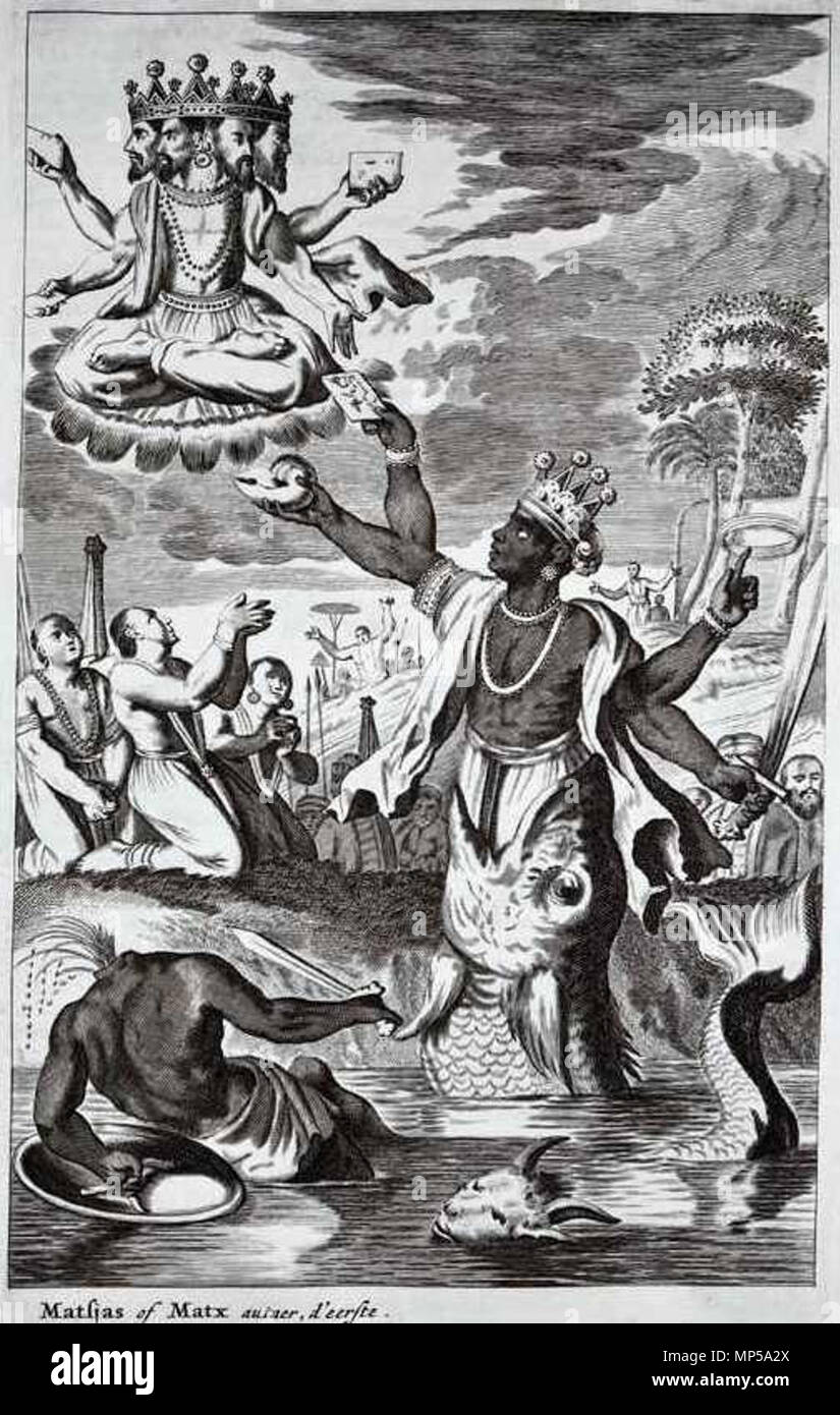 . Anglais : une représentation de certains avatars de 'Asia : la première partie... Le vaste Empire du Grand Mogol et d'autres parties de l'Inde...' par John Catholicus, Londres, 1673 : aussi * Matsya* ; *Kurma* ; *Varaha* (ci-dessus) ; *Narasingha* ; *Rama* ; *le Bouddha* ; aussi un temple de Shiva* . 1673. John Catholicus, Londres 875 Matsya Avatara Banque D'Images