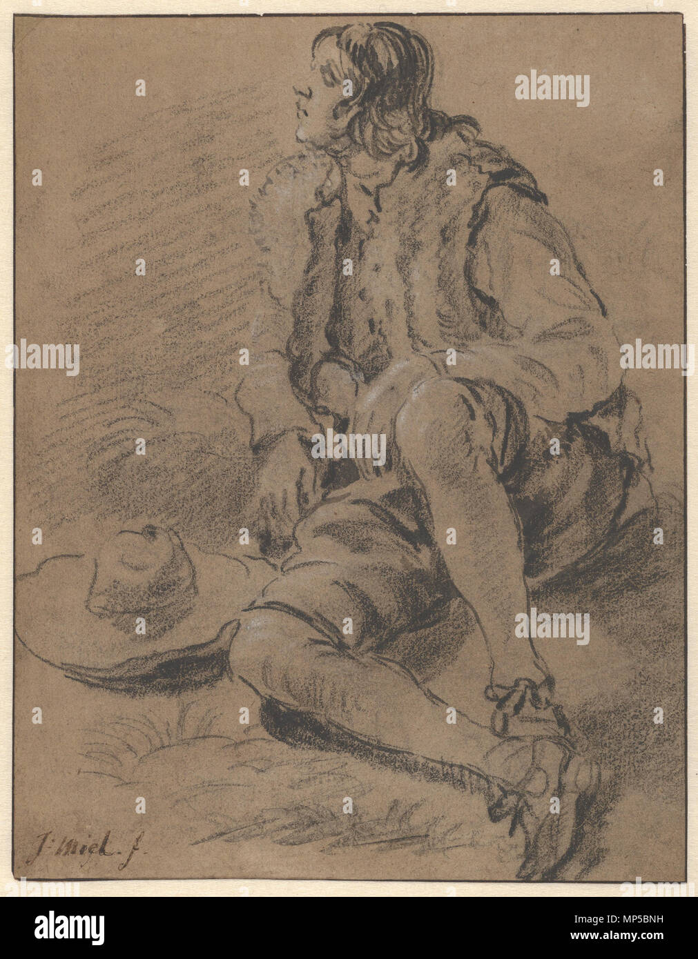 Jan Miel (flamande, Beveren 1599-1664 Turin) un jeune homme assis sur le sol, début 17ème mi-flamande du xviie siècle, les craies noir et blanc, pinceau et encre sur papier brun gris ; ossature line à la plume et encre brune ; Feuille : 7 5/8 × 5 13/16 in. (19,3 × 14,8 cm) le Metropolitan Museum of Art, New York, à l'achat, Daniel Ergmann cadeau, 2014 (2014.85) http://www.metmuseum.org/Collections/search-the-collections/641167 français : un jeune homme assis sur le terrain entre 1610 et 1650. 699 Jan Miel - un jeune homme assis sur le sol Banque D'Images