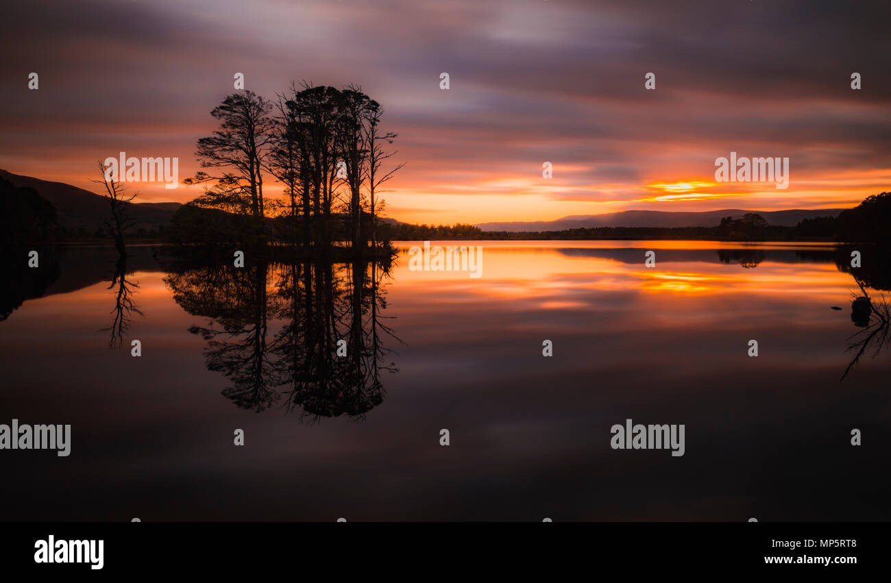 Loch Mallachie coucher du soleil, le Parc National de Cairngorms, Highlands, Scotland, UK Banque D'Images