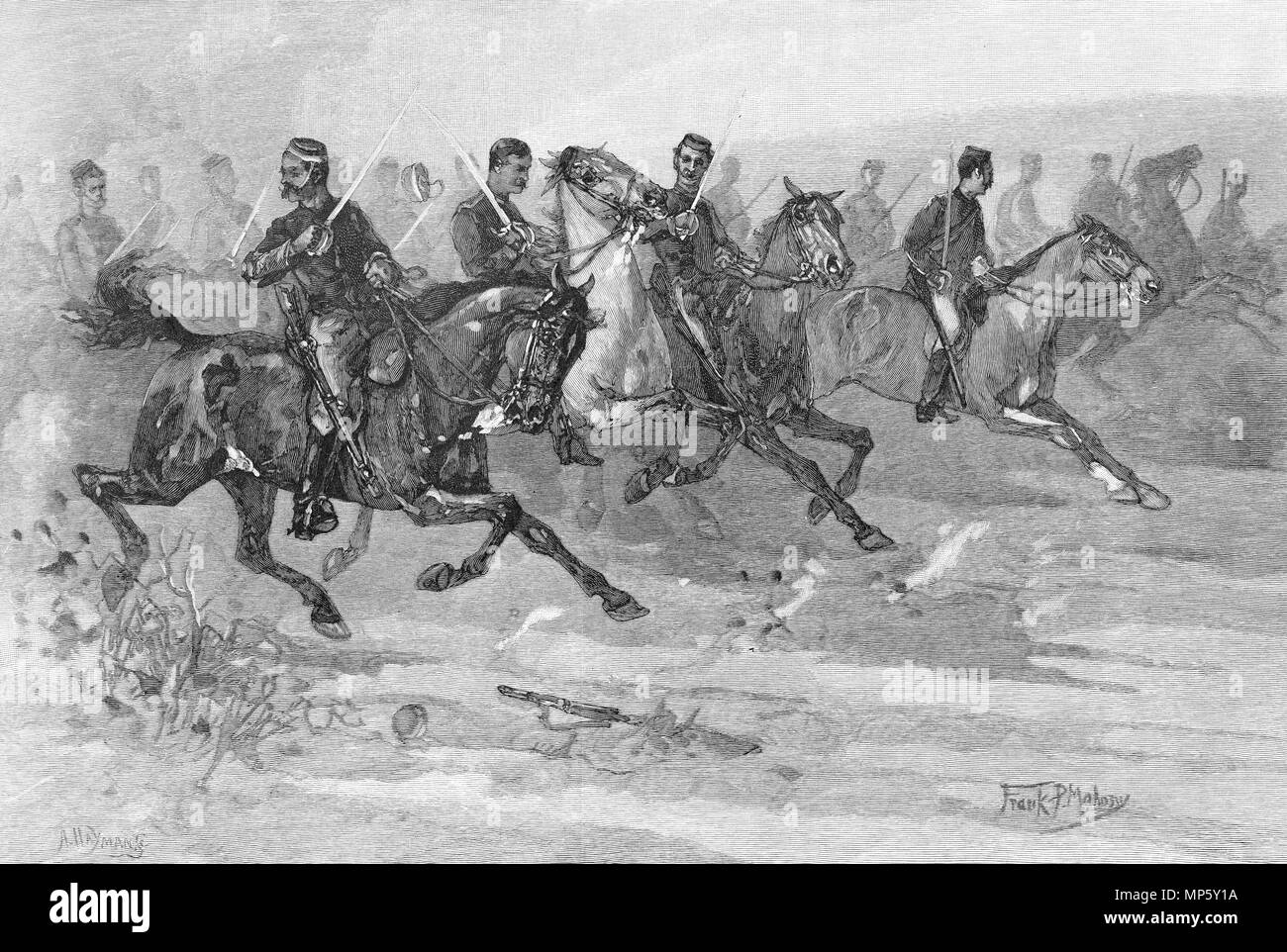 Gravure de la charge de la cavalerie de la Nouvelle-Zélande à la bataille d'Orakau. À partir de l'Atlas pittoresque d'Australasie Vol 3, 1886 Banque D'Images